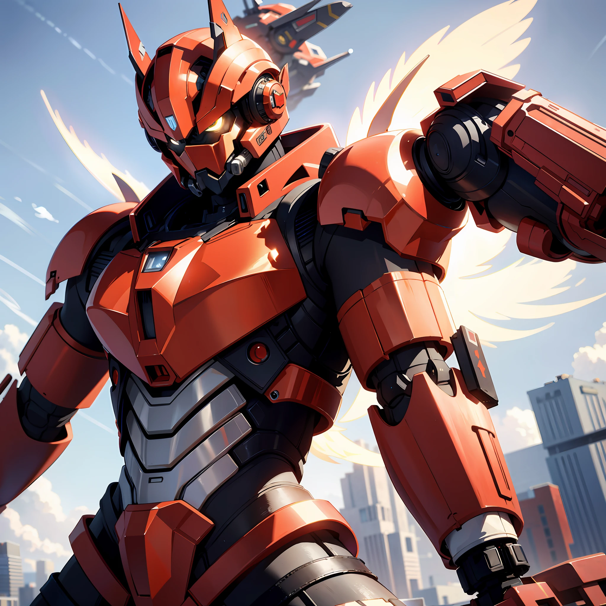 Absurd resolution, high resolution, (masterpiece: 1.4), hyper-detail, a mech, red armor, floating flight in the sky (1.8) background is earth, fire