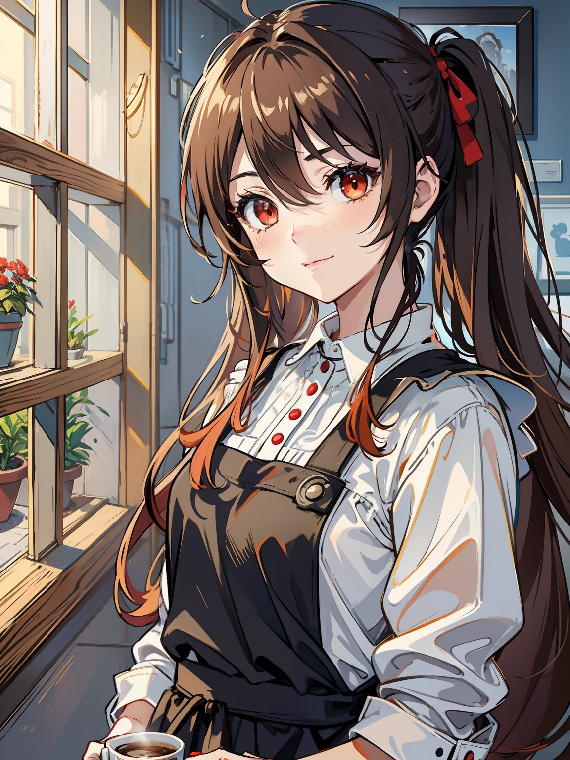 Exquisite masterpiece, best quality, illustration style, an anime girl with a long double ponytail, eccentric, brown hair, coffee girl, white shirt and black apron, small, heartwarming, youthful and beautiful, eccentric, natural casual style, dynamic pose, golden ratio, large aperture portrait, strong contrast between light and shadow, super texture, clear and concise picture, delicate facial expression, black and red matching, red eyes, bright smile