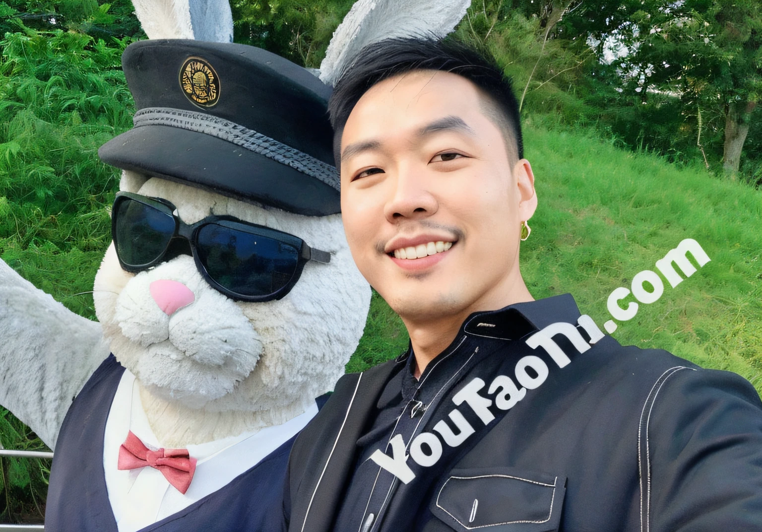 there is a man posing with a giant bunny statue in the background, hsiao-ron, yanjun chengt, profile picture 1024px, stanley lau, 中 元 节, kevin hou, toru narita, 🚿🗝📝, yuan - ti, 千 葉 雄 大