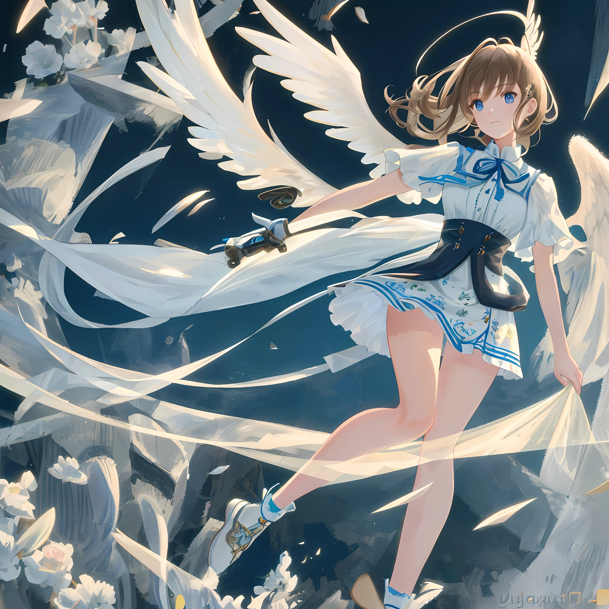 high resolution, best quality, masterpiece, ultra high definition, ultra high definition, ultra realistic, 3d, anime, illustration, solo, very beautiful and cute woman in her twenties, she wears a light white floral miniskirt length dress and flutters her wings, her hair is moving, full body, wonderful perfect proportions, shiny light brown medium hair, high layer cut, mullet hairstyle, bright blue eyes, happy, shy