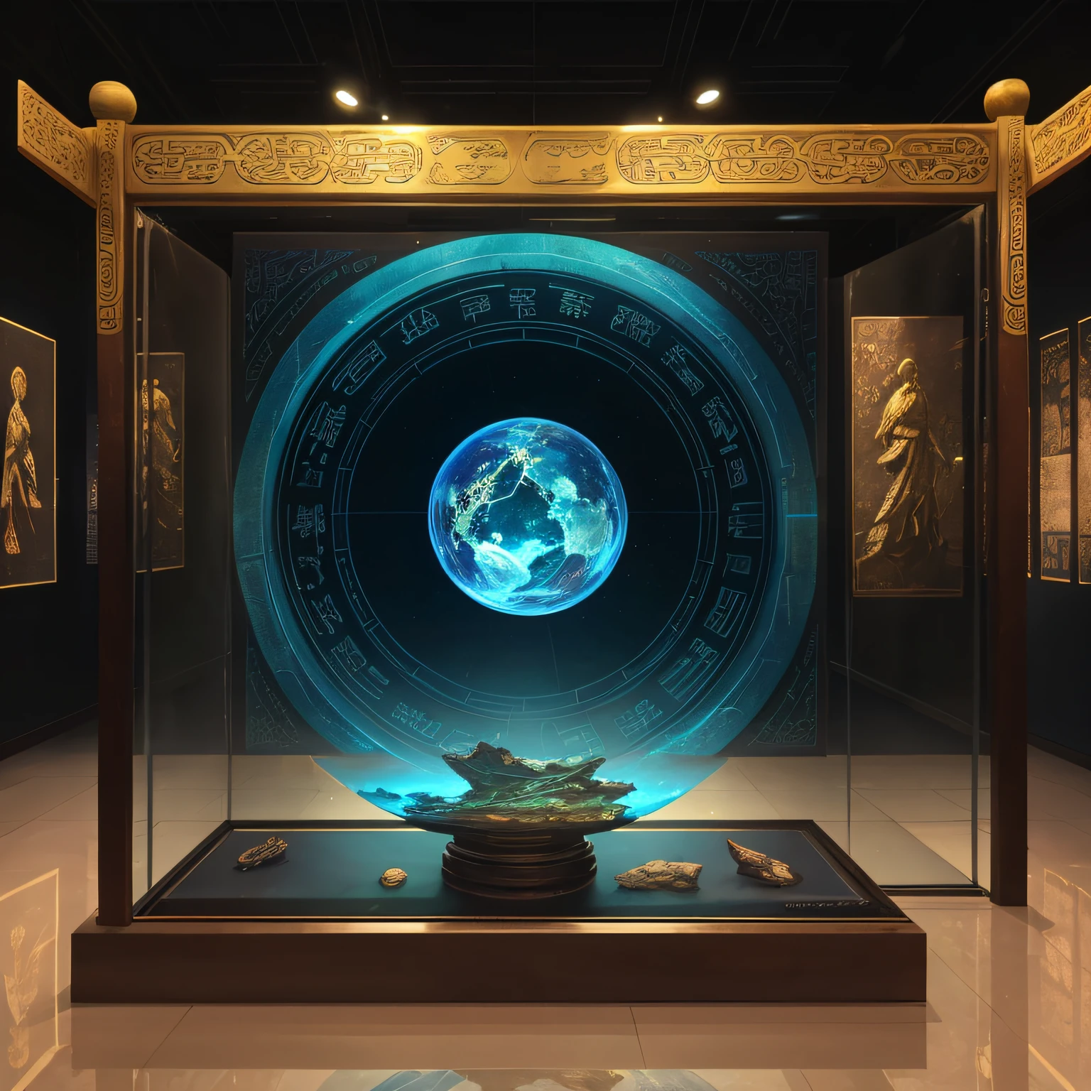 In the museum hall with a lot of space, a holographic image of ancient Chinese ornaments is scattered on the glass display stand, with amazing imagination, surrealism, futuristic technical sense, glass, light, reflection, high resolution, high image quality, realistic texture rendering, wide angle, full frame, cyberpunk style, symmetrical composition, low viewing angle--ar 3:4--g5--s 800--V 5.1