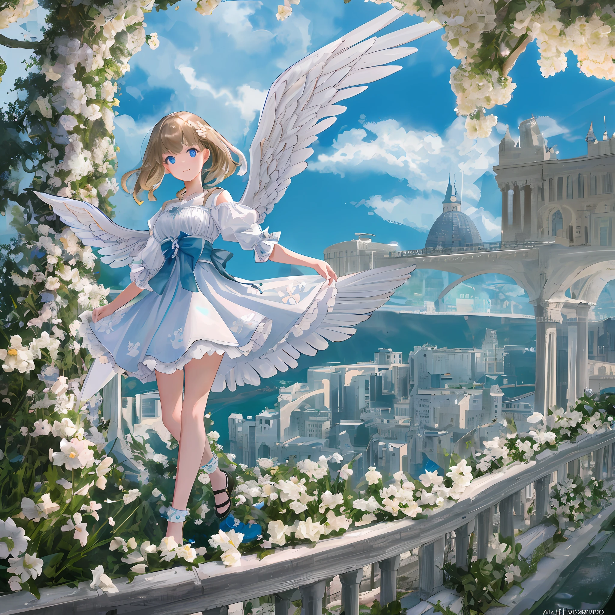 high resolution, best quality, masterpiece, ultra high definition, ultra high definition, ultra realistic, 3d, anime, illustration, solo, very beautiful and cute woman in her twenties, she wears a light white floral miniskirt length dress and flutters her wings, her hair is moving, full body, wonderful perfect proportions, shiny light brown medium hair, high layer cut, mullet hairstyle, bright blue eyes, happy, shy