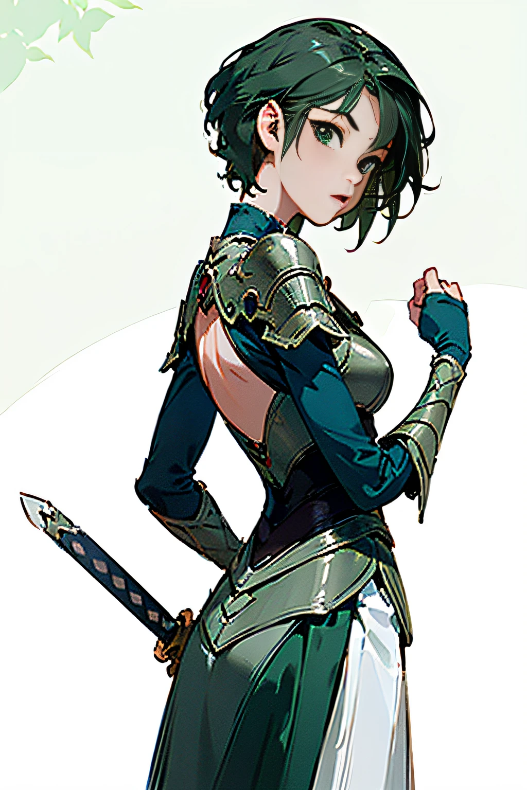 (masterpiece)),(((best quality)),((character design sheet, same character, front, side, back)), illustration, 1 girl, short green hair, hair in eyes, beautiful green eyes (detailed eyes), environment Scene change, pose too, female warrior, green armor with tree leaves, holds a sword, (simple background, white background: 1.3)