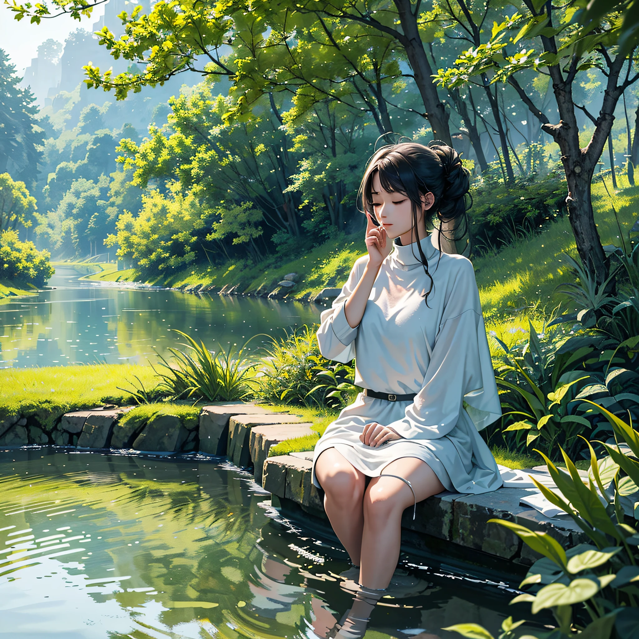 (best quality, masterpiece),peace girl,peaceful atmosphere, tranquility, serenity, quietness, calmness, relaxing, soothing, gentle, composure, contentment, satisfaction, happiness.