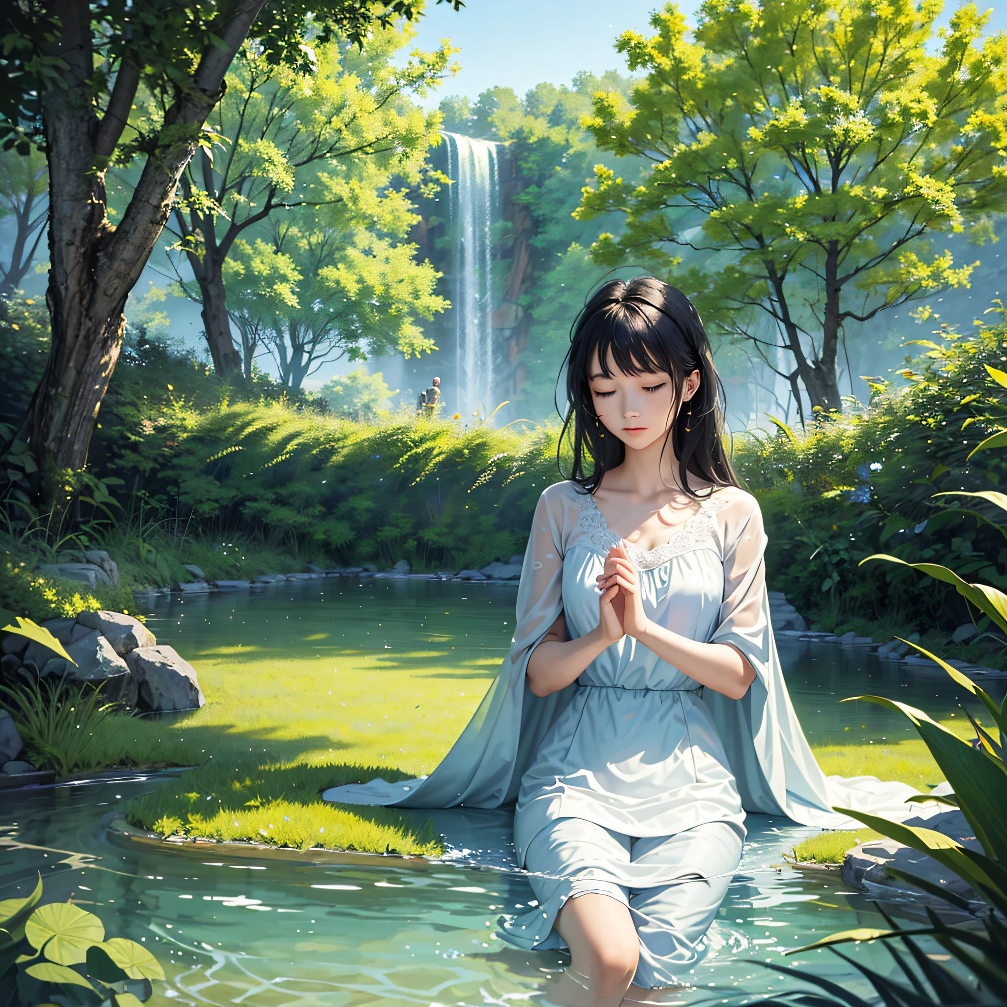 (best quality, masterpiece),peace girl,peaceful atmosphere, tranquility, serenity, quietness, calmness, relaxing, soothing, gentle, composure, contentment, satisfaction, happiness.