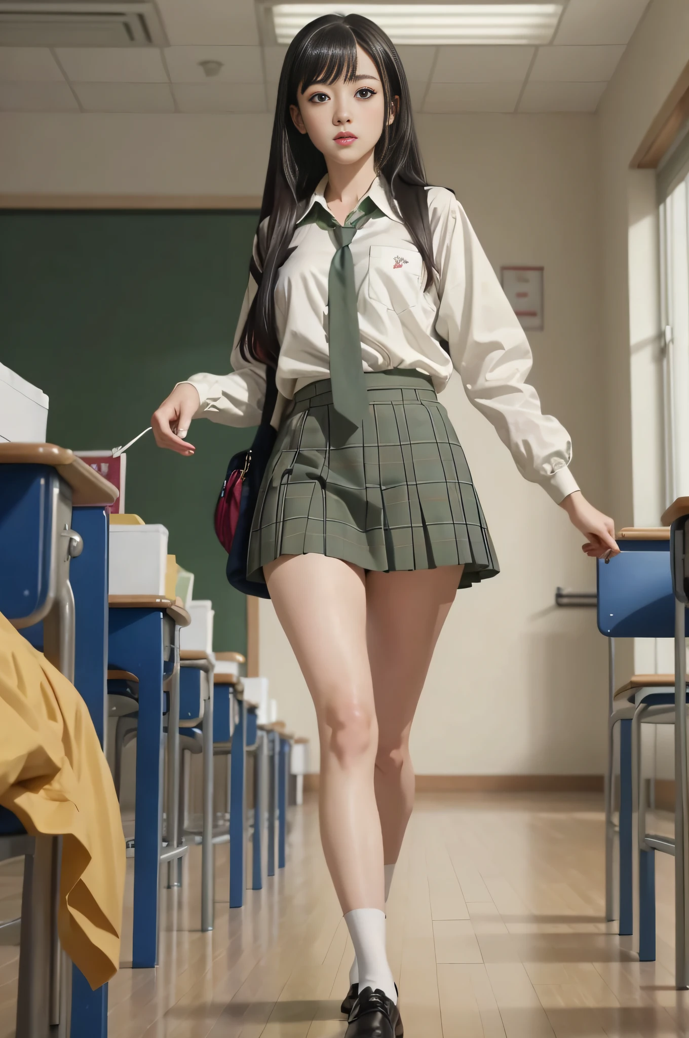 Long black hair, white skin, Chinese, young, thick eyebrows, black eyes, lip biting, white school uniform, green tie, small waist, blue short skirt, white knee-length stockings, in the classroom, dynamic pose, slim legs, brown school shoes, realistic, 8k, masterpiece, high resolution, high resolution, anatomically correct, high resolution, high resolution, inspired by Marin Kitagawa from anime