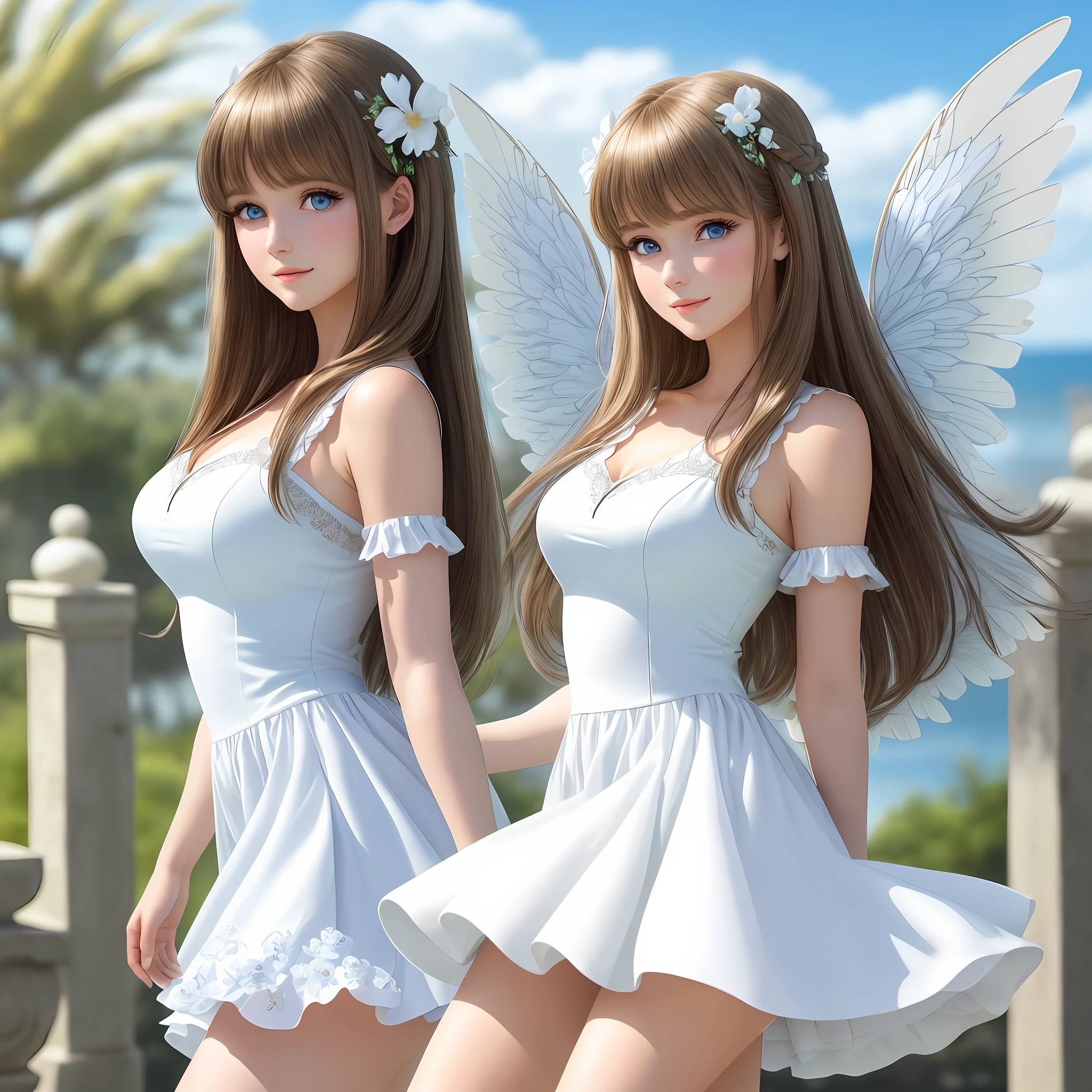 high resolution, best quality, masterpiece, ultra high definition, ultra high definition, ultra realistic, 3d, anime, illustration, solo, very beautiful and cute woman in her twenties, she wears a light white floral miniskirt length dress and flutters her wings, her hair is moving, full body, wonderful perfect proportions, shiny light brown medium hair, high layer cut, mullet hairstyle, bright blue eyes, happy, shy