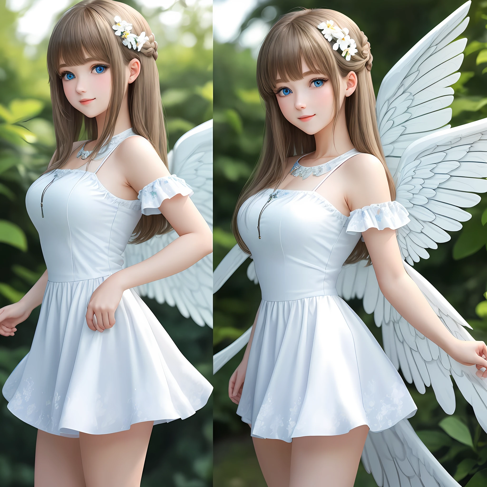 high resolution, best quality, masterpiece, ultra high definition, ultra high definition, ultra realistic, 3d, anime, illustration, solo, very beautiful and cute woman in her twenties, she wears a light white floral miniskirt length dress and flutters her wings, her hair is moving, full body, wonderful perfect proportions, shiny light brown medium hair, high layer cut, mullet hairstyle, bright blue eyes, happy, shy