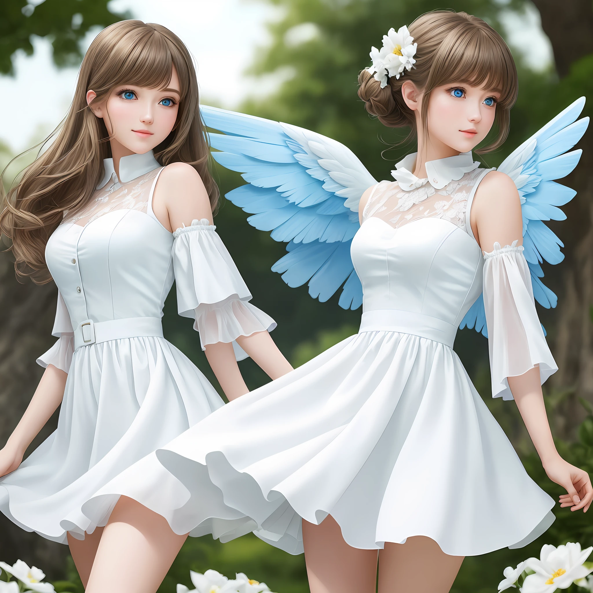high resolution, best quality, masterpiece, ultra high definition, ultra high definition, ultra realistic, 3d, anime, illustration, solo, very beautiful and cute woman in her twenties, she wears a light white floral miniskirt length dress and flutters her wings, her hair is moving, full body, wonderful perfect proportions, shiny light brown medium hair, high layer cut, mullet hairstyle, bright blue eyes, happy, shy