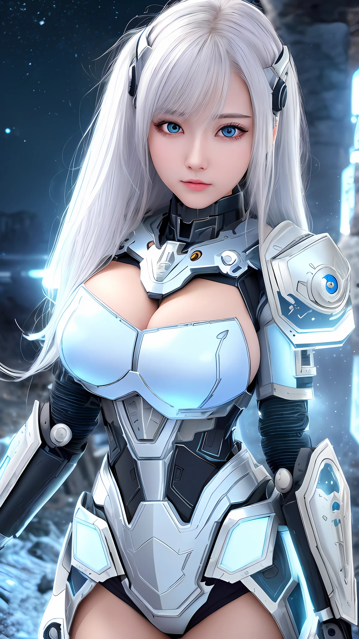 (8k, masterpiece, best quality), ultra-detailed, detailed beautiful round eyes, beautifully detailed face, high quality, high resolution, armor girl, massive breast, mecha, ruins, perfect boobs, perfect face, nighttime, medium white hair, small blue moon background, varied poses
