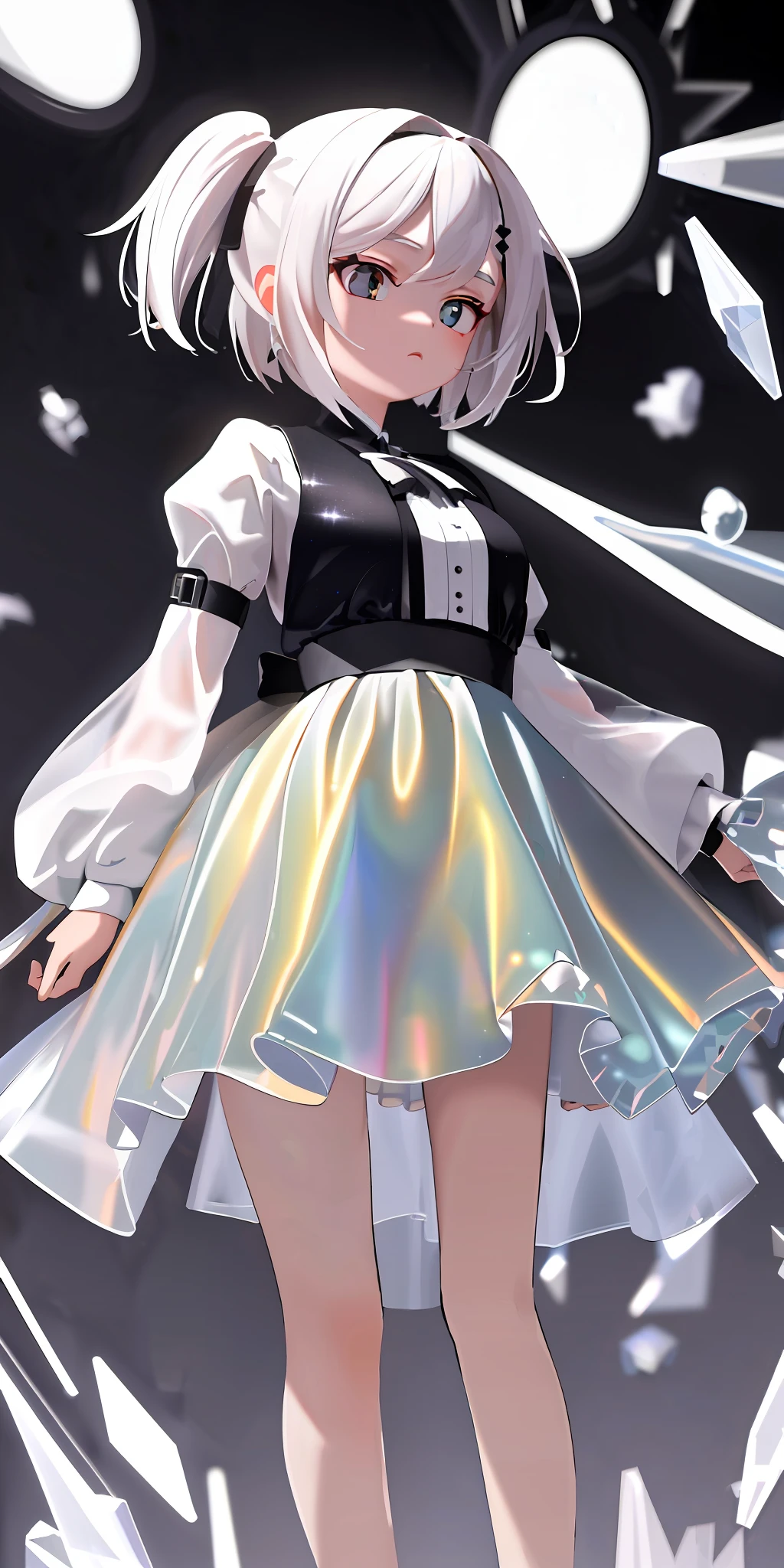 (((masterpiece))), (((best quality))), ((ultradetailed)),1girl,solo,short white hair,white transparent holographic clothing,black background, light particles, night,black night,