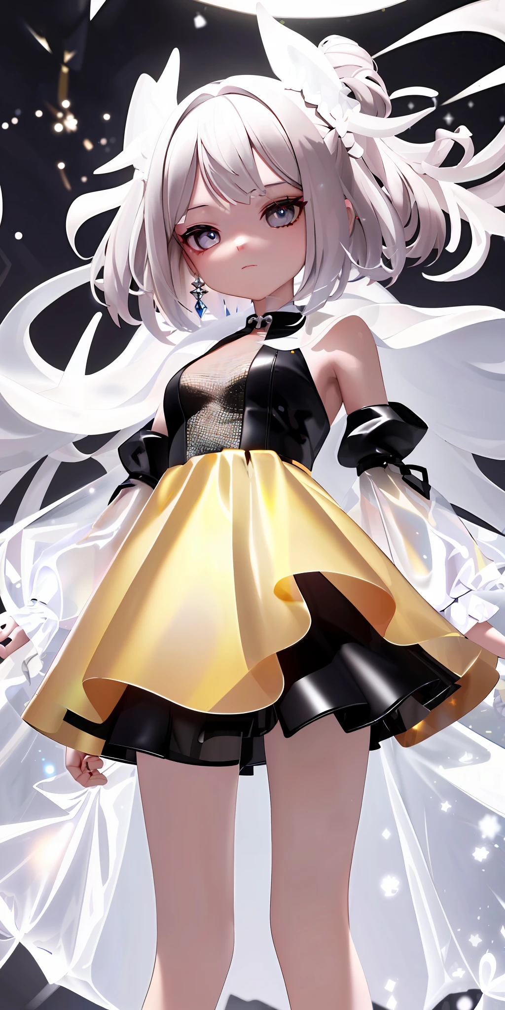 (((masterpiece))), (((best quality))), ((ultradetailed)),1girl,solo,short white hair,white transparent holographic clothing,black background, light particles, night,black night,