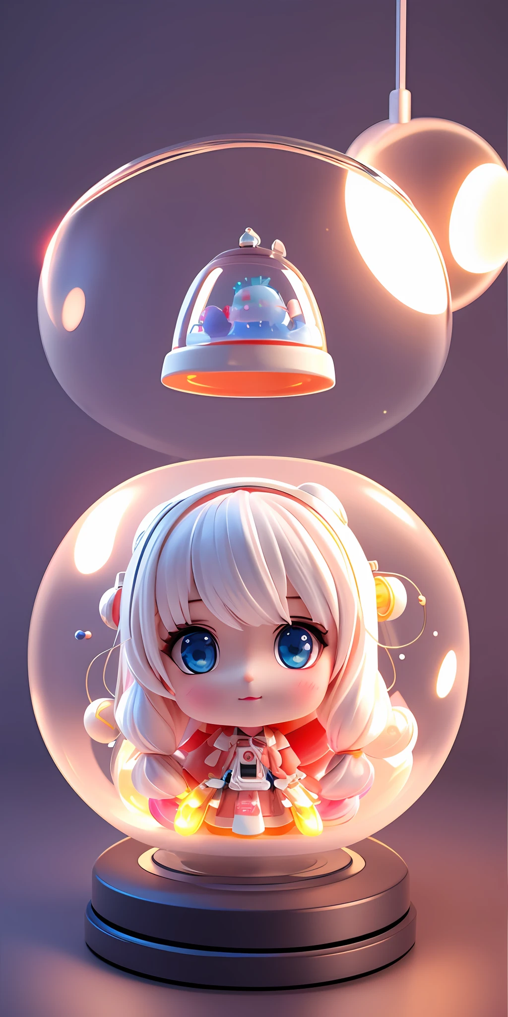 sophisticated mechanical parts,3 D toys bubble ,a white hairs girl in the center,chibi,kawaii,bauhaus,colorful,plastic,product design,glowing jelly,Global Illumination,awesome Lighting,3 D,digital art,close-up.3 d,super detailed,no boundary line,C4D,octane rendering,Blender,HD,full body,simple background