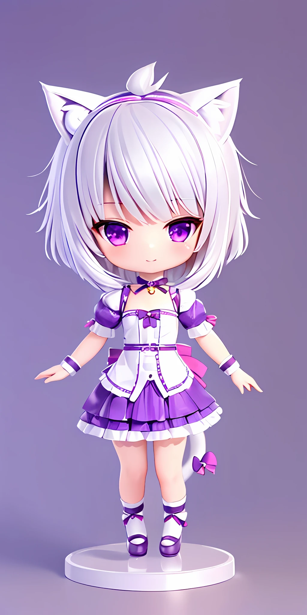 (very high quality, ((solo)), Chibi girl, catgirl, cat ears, short white hair:1.3+short silver hair, purple eyes).