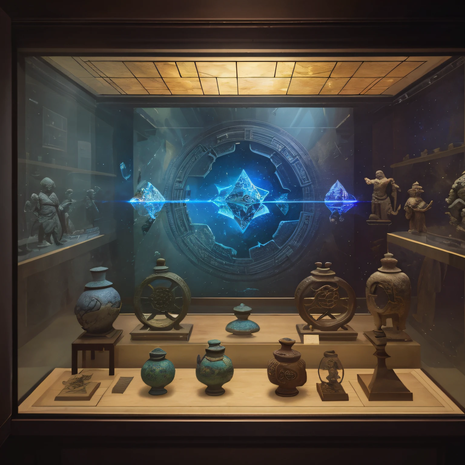 In the museum hall with a lot of space, a holographic image of ancient Chinese artifacts is scattered on a glass display shelf with amazing imagination, surrealism, futuristic technical sense, glass, light, reflection, high resolution, high image quality, realistic texture rendering, wide angle, full frame, cyberpunk style, symmetrical composition, low viewing angle--ar 3:4--g5--s 800--V 5.1