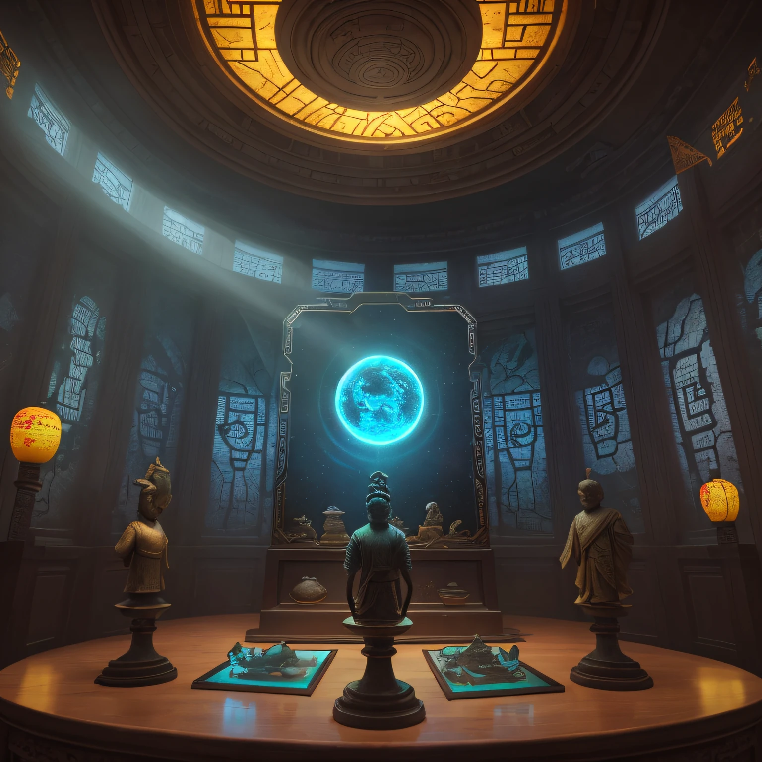In the museum hall with a lot of space, a holographic image of ancient Chinese artifacts is scattered on a glass display shelf with amazing imagination, surrealism, futuristic technical sense, glass, light, reflection, high resolution, high image quality, realistic texture rendering, wide angle, full frame, cyberpunk style, symmetrical composition, low viewing angle--ar 3:4--g5--s 800--V 5.1