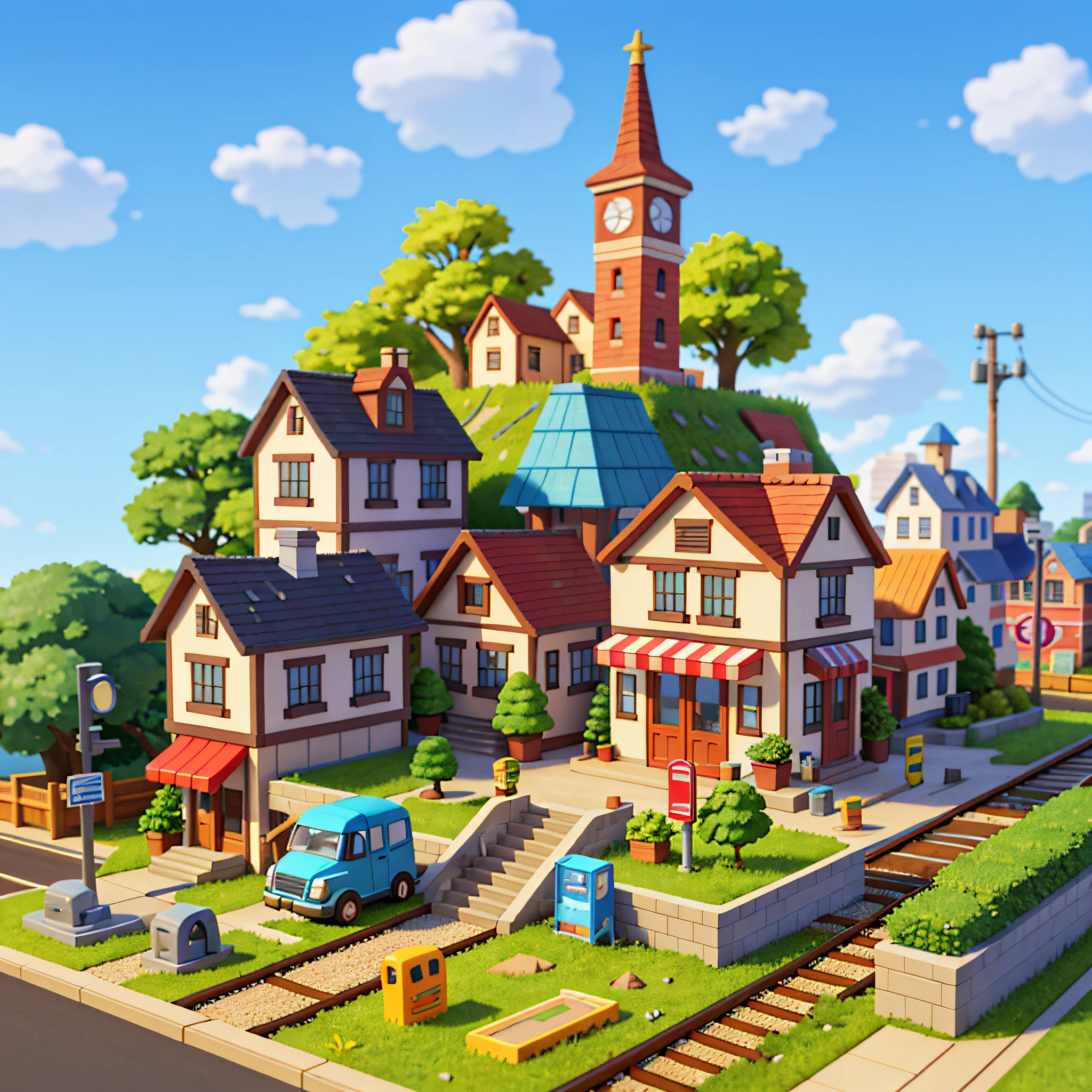 (Miniature cityscape), (Isometric:1), Cartoon style, (Sandbox game style), (White background), (superb detail), Train, Lighting, Clear sky, Outdoors, Landscapes, Clouds, Sky, Signs, Roads, Grass, Vending machines, Power poles, Road signs, Wires, (Railroad tracks: 1.5), Petrol station, Train, Service area, grass, 3D, 8k, HDR, high definition, film grain. Blue sky, white clouds, small trees, mailbox, stairs, clean background