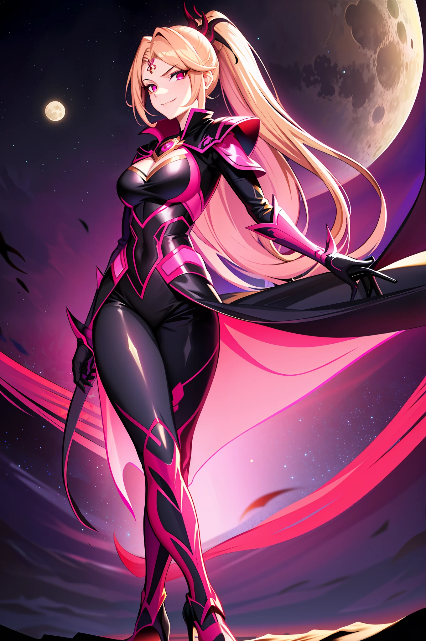(masterpiece:1.2, best quality),1girl,solo, long hair, golden hair, red eyes, big eyes, well detailed eyes, well detailed face, mature woman , evil smile, smirk, ponytail, black fighting outfit with pink glowing patterns, heels, cape, dark sky , dark theme, moon, menacely walking , looking at the viewer, outdoor, on top of a cliff, extremely detailed eyes, purple flames