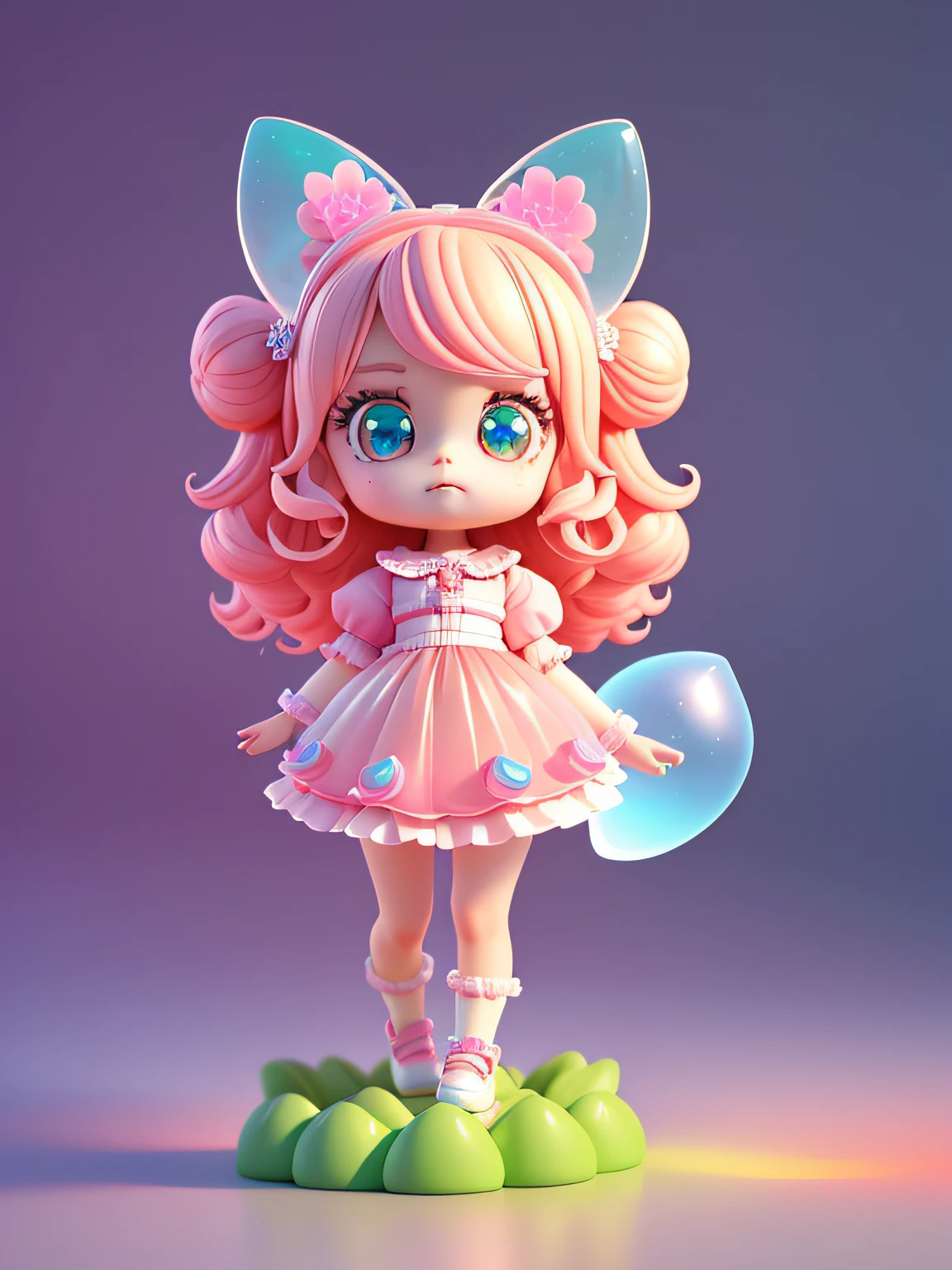 Detailed plastic materials, ((same character, front, side, back)) best quality, (very detailed model), (best quality), octane rendering, ray tracing, very detailed, 3D toys , exaggerated huge hair, little girl (full body) (3D hair, cute hair accessories, ((children)), beautiful eyes, cute big eyes, cute face, pink-green gradient, drum skirt, cute skirt, chib, fluorescent half Transparent, colorful, plastic, children, transparent, product design, luminous jelly, exquisite and cute plastic, beautiful light and shadow 3d, digital art, translucent plastic bubble gum, close-up, 3d, ultra-detailed, generate front view, side view, rear view three views , Borderless, c4d, Octane rendering, Blender, HD, full body, simple background!