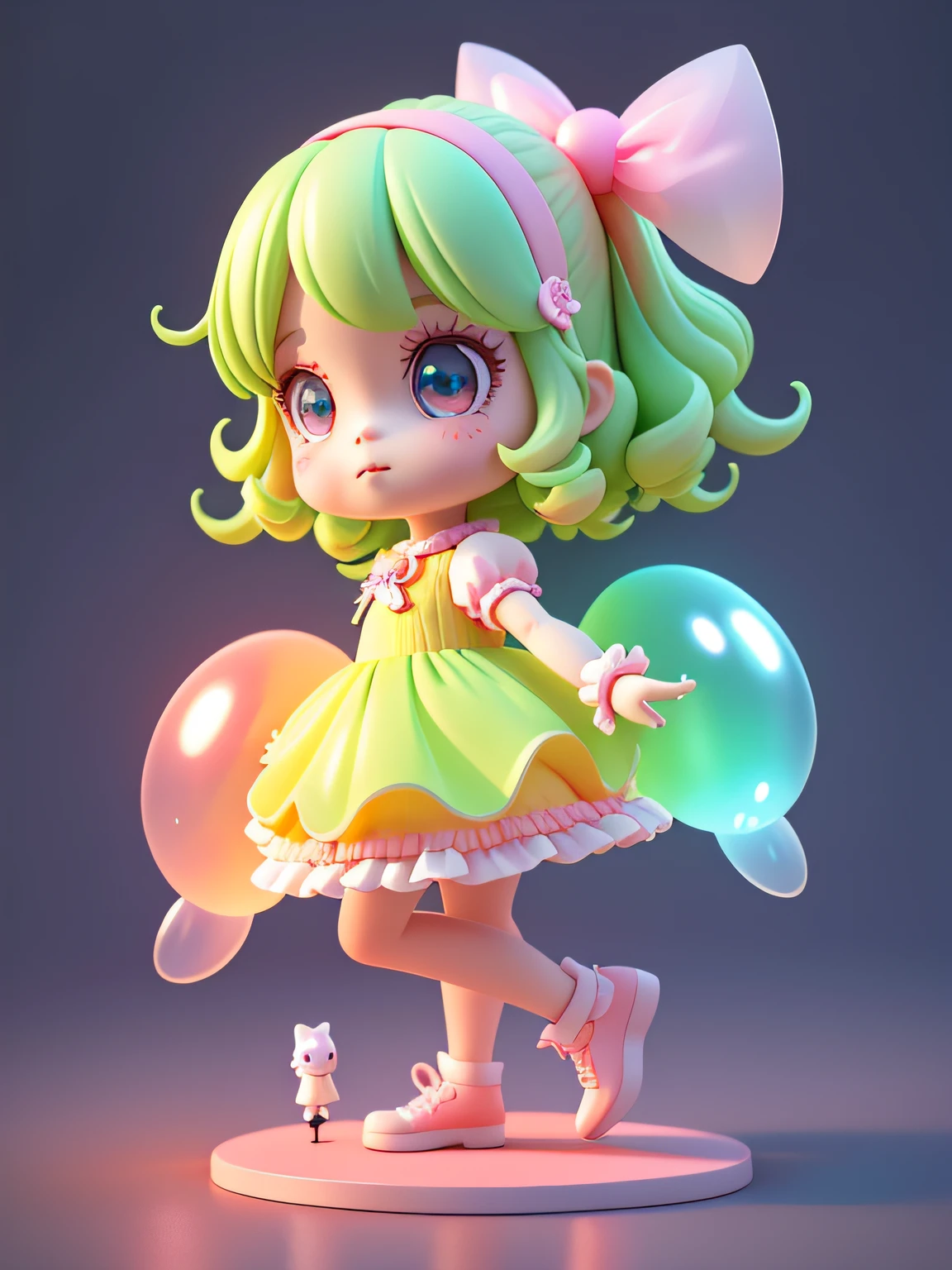 Detailed plastic materials, ((same character, front, side, back)) best quality, (very detailed model), (best quality), octane rendering, ray tracing, very detailed, 3D toys , exaggerated huge hair, (full body) (3D hair, cute hair accessories, ((children)), beautiful eyes, cute big eyes, cute face, pink-green gradient, drum skirt, cute skirt, chib, fluorescent half Transparent, colorful, plastic, children, transparent, product design, luminous jelly, exquisite and cute plastic, beautiful light and shadow 3d, digital art, translucent plastic bubble gum, close-up, 3d, ultra-detailed, generate front view, side view, rear view three views , Borderless, c4d, Octane rendering, Blender, HD, full body, simple background!