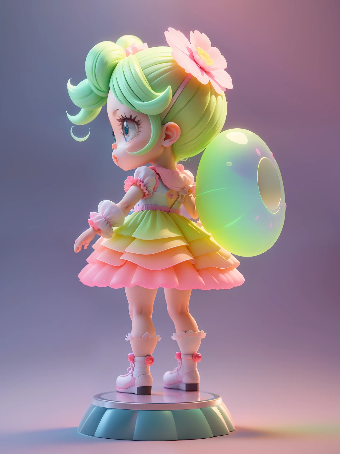 Official Art, Unified 8k Wallpaper, Ultra Detailed, Beautiful and Aesthetic, Masterpiece, Best Quality, Oversized Wallpaper, Detailed Plastic Material, (Same Character, Front, Side, Back)) Best Quality, (Very Detailed Model), (Best Quality), Octane Rendering, Ray Tracing, Very Detailed, 3D Toys, Exaggerated Giant Hair, Girl (Full Body) (3D Hair, Cute Hair Accessories, ((Kids)), Beautiful Eyes, Cute Big Eyes, Cute Face, Pink Green Gradient, Drum Skirt, cute skirt, chib, fluorescent translucent, colorful, plastic, children, transparent, product design, luminous jelly, delicate cute plastic, aesthetic light and shadow 3d, digital art, translucent plastic bubblegum, close-up, 3d, super detailed, generate front view, side view, rear view three views, borderless, c4d, octane rendering, blender, hd, full body, simple background!