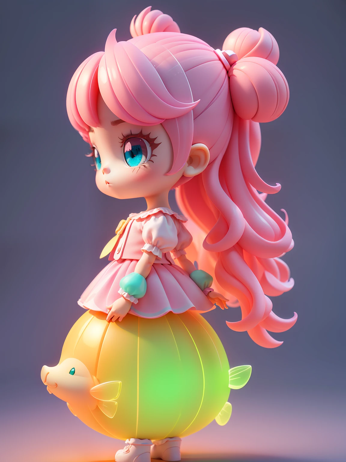 Official Art, Unified 8k Wallpaper, Ultra Detailed, Beautiful and Aesthetic, Masterpiece, Best Quality, Oversized Wallpaper, Detailed Plastic Material, (Same Character, Front, Side, Back)) Best Quality, (Very Detailed Model), (Best Quality), Octane Rendering, Ray Tracing, Very Detailed, 3D Toys, Exaggerated Giant Hair, Girl (Full Body) (3D Hair, Cute Hair Accessories, ((Kids)), Beautiful Eyes, Cute Big Eyes, Cute Face, Pink Green Gradient, Drum Skirt, cute skirt, chib, fluorescent translucent, colorful, plastic, children, transparent, product design, luminous jelly, delicate cute plastic, aesthetic light and shadow 3d, digital art, translucent plastic bubblegum, close-up, 3d, super detailed, generate front view, side view, rear view three views, borderless, c4d, octane rendering, blender, hd, full body, simple background!
