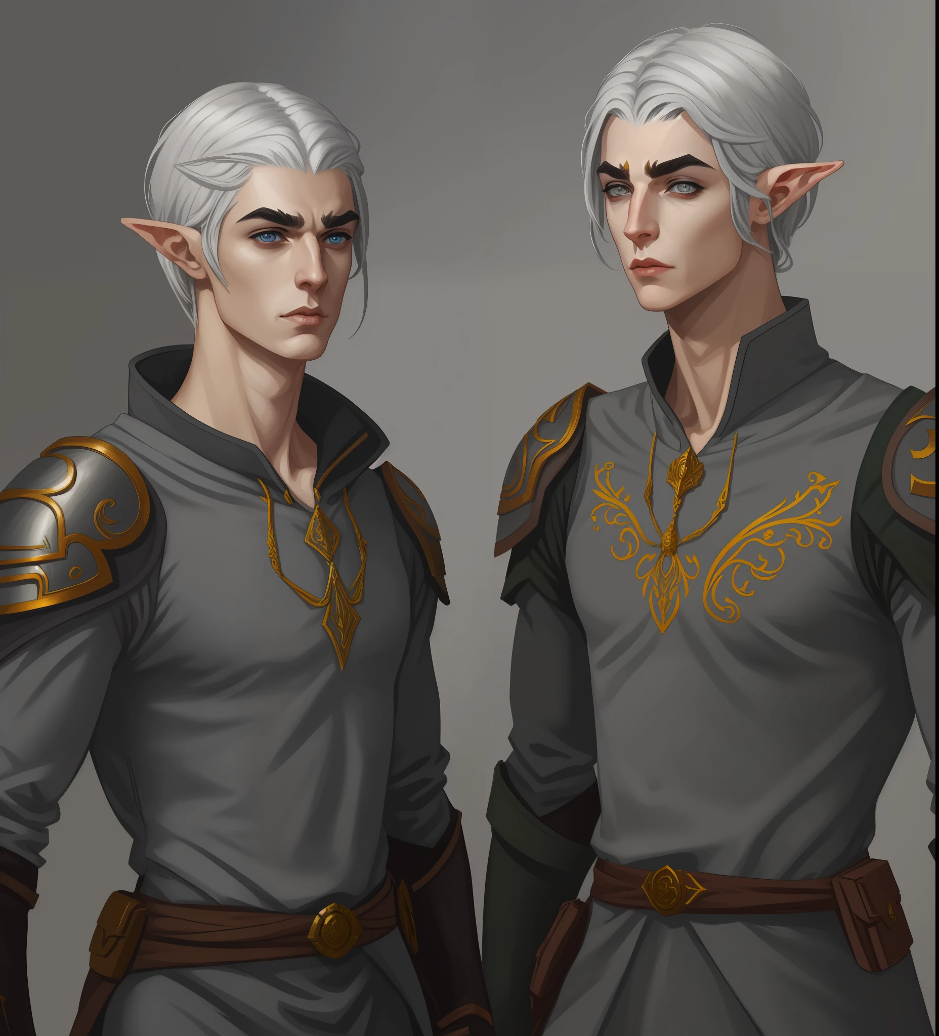 A digital painting portrait of a male elven warrior, proud demeanor, arrogant facial expression, (((gray eyebrows))), ((thin lips)), strong handsome male features, graphic novel character, concept character art