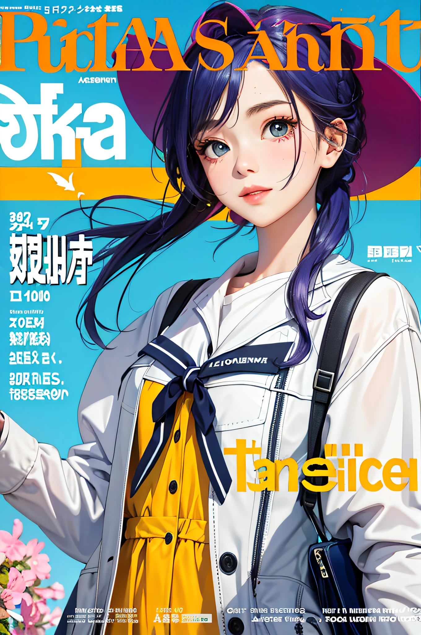 masterpiece, best quality, spring outfit, colorful hair, outdoor, magazine cover ,upper body,