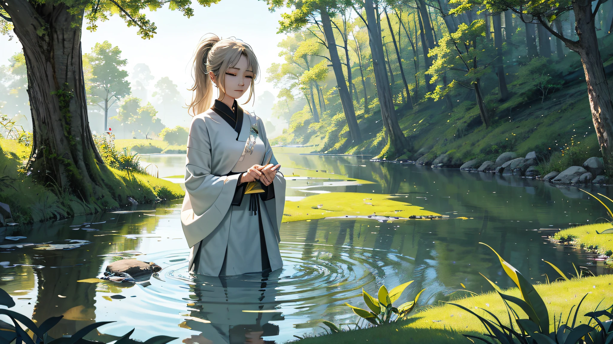 (best quality, masterpiece),peace girl,peaceful atmosphere, tranquility, serenity, quietness, calmness, relaxing, soothing, gentle, composure, contentment, satisfaction, happiness.