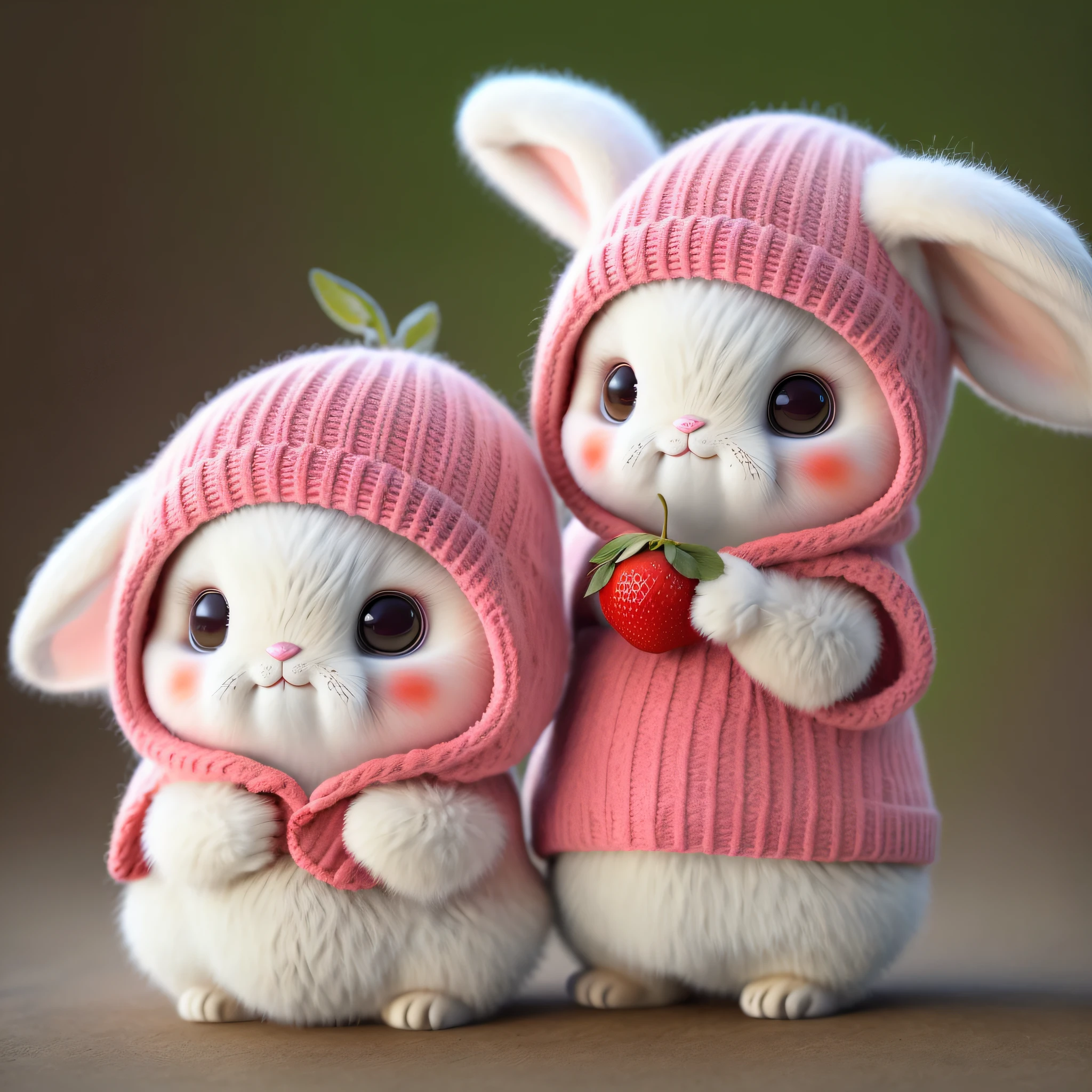 : 3. bunny, realistic, furry animal, apple, black eye, blush, cherry, food, fruit, full body, hat, non-human, strawberry, tomato, watermelon