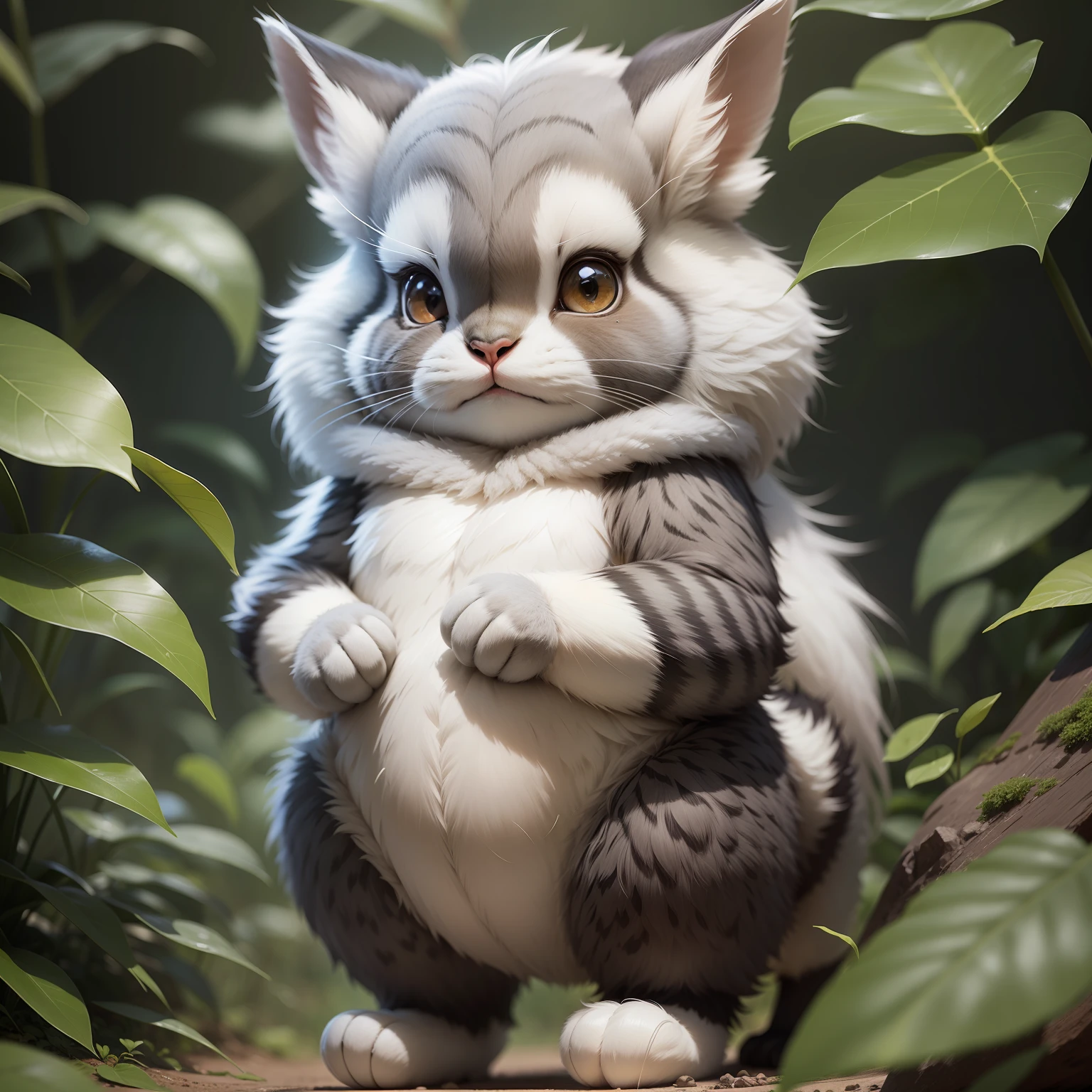 Otocolobus manul, natural standing, front full body, cute rabbit, flat skeuomorphic style, clean and simple design, IP image, silver-gray hair, high-grade natural color matching, bright and harmonious, high cold, anthropomorphic design, Behance, 3D animation style character design, ray tracing, 4k --auto --s2