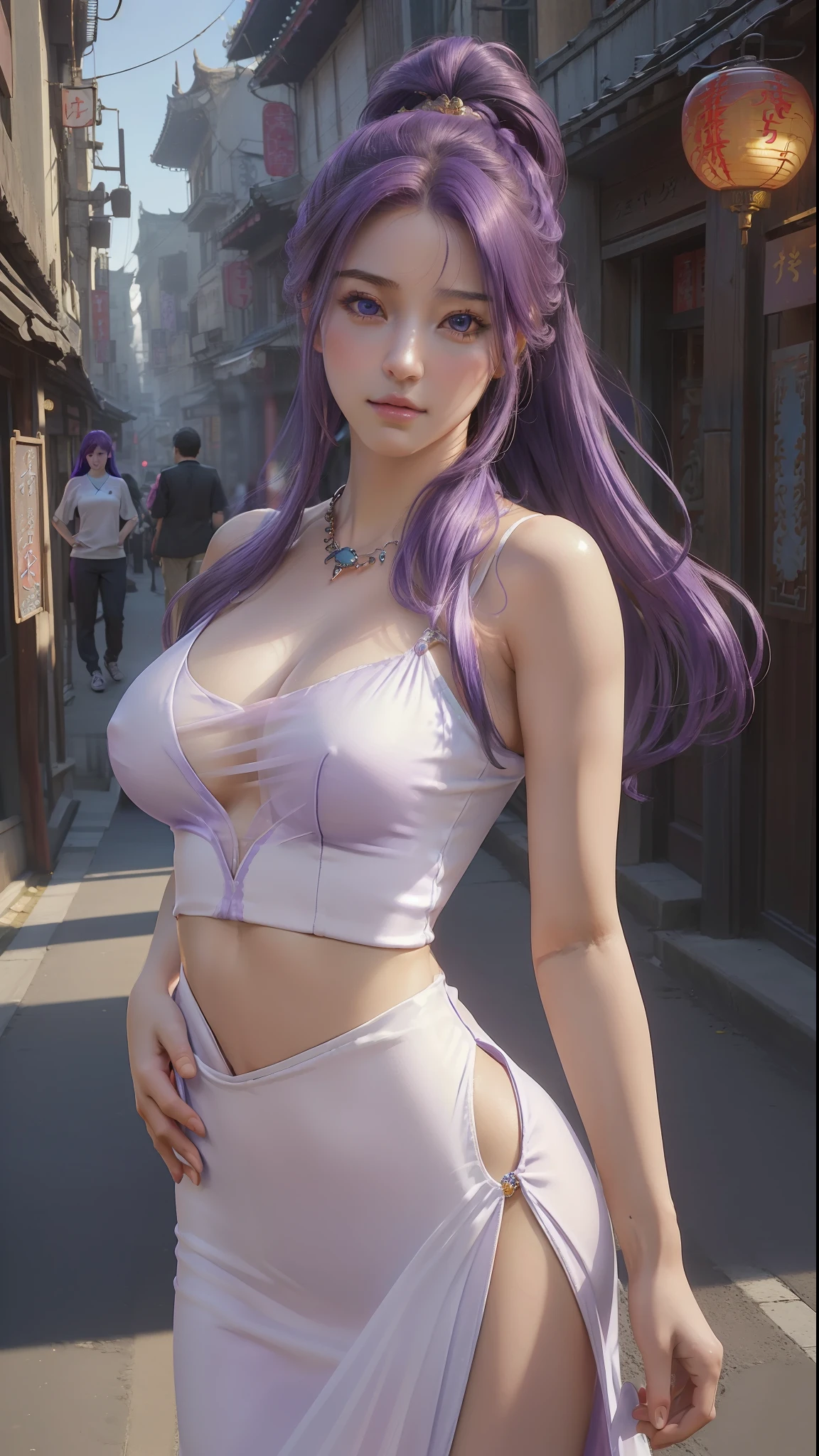 (masterpiece:1.4), (8k, photorealistic, RAW photo, best quality: 1.4), japanese, (1girl), beautiful face, (realistic face:1.4), (purple hair, long hair:1.3), beautiful hairstyle, realistic blue eyes, beautiful detailed eyes, (realistic skin:1.3), beautiful skin, attractive, ultra high res, ultra realistic, highly detailed, golden ratio, (detailed face:1.4), looking at viewer, (realistic medium breasts:1.4), (underboobs), standing, hand on hip, transparent dress, (braless:1.4), nipples_out, nsfw, futuristic ancient china city street, dynamic lighting, ponytail contorted, white china dress, hair ornaments, necklace, jewelry,