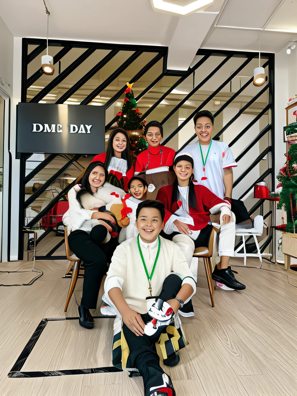 there are many people sitting and standing in front of office room together, office name in display is "DMS DAT", the person in front is boy: wearing black shirt and black pants: hold snowman doll in hand, from left to right in the middle role: girl girl boy: the right boy wearing Christmas dress, from left to right in back: girl boy boy, 3 girls and 4 boys, group photo, Christmas theme,