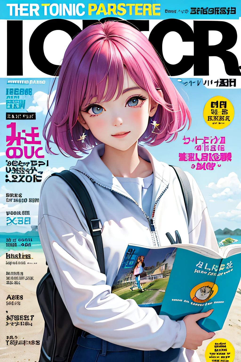 masterpiece, best quality, spring outfit, colorful hair, outdoor, magazine cover ,upper body,