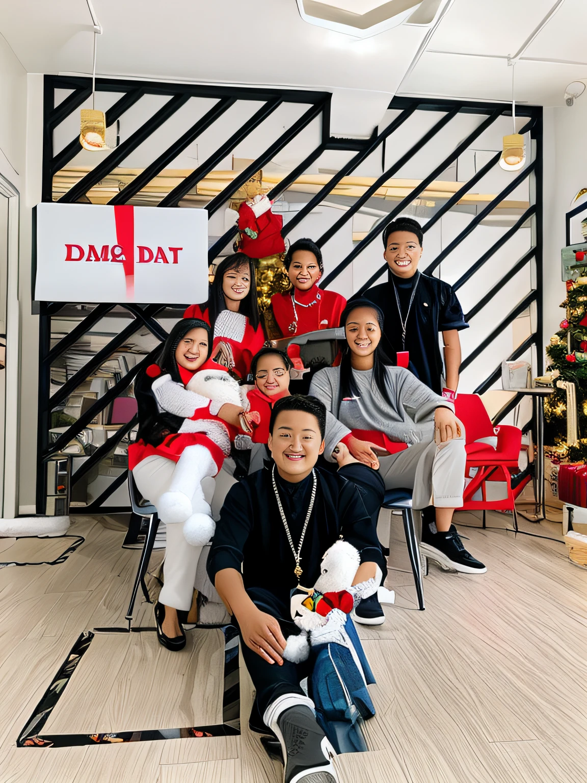 there are many people sitting and standing in front of office room together, office name in display is "DMS DAT", the person in front is boy: wearing black shirt and black pants: hold snowman doll in hand, from left to right in the middle role: girl girl boy: the right boy wearing Christmas dress, from left to right in back: girl boy boy, 3 girls and 4 boys, group photo, Christmas theme,