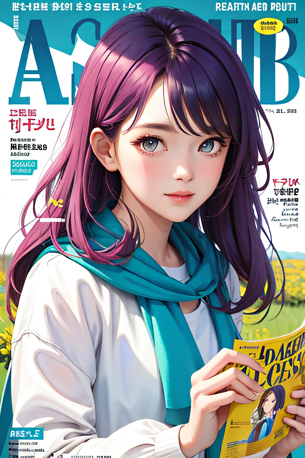 masterpiece, best quality, spring outfit, colorful hair, outdoor, magazine cover ,upper body,