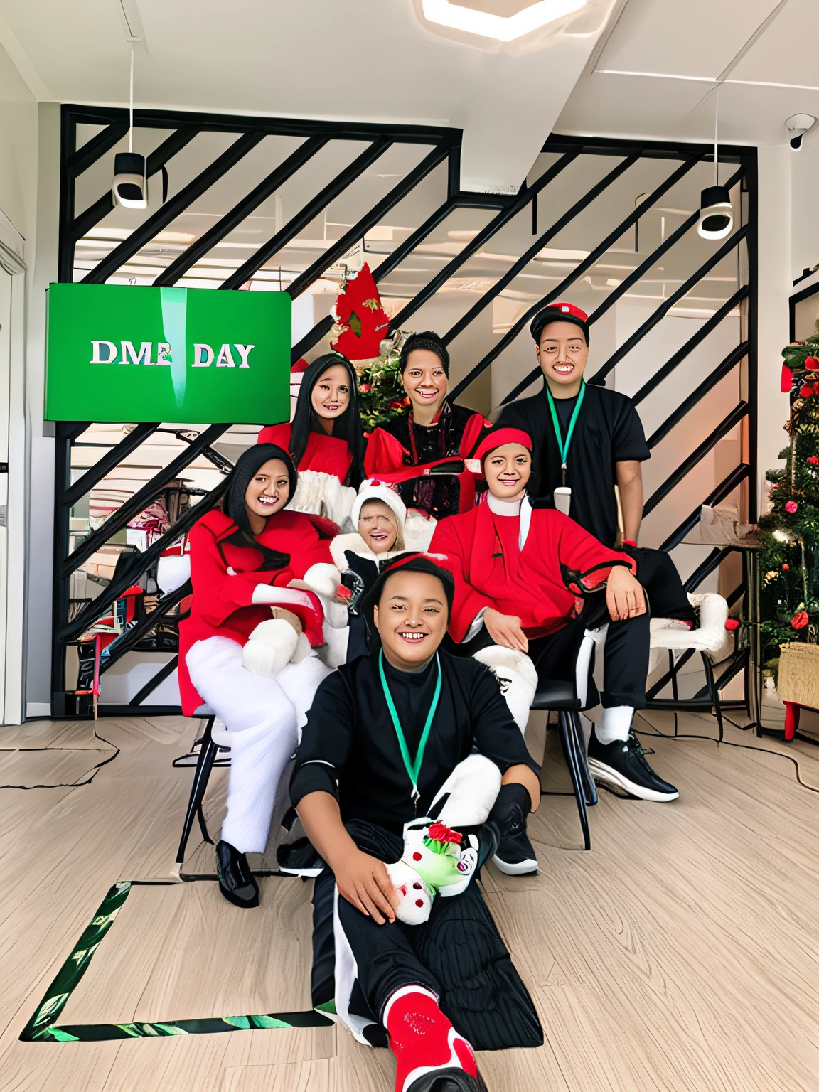 there are many people sitting and standing in front of office room together, office name in display is "DMS DAT", the person in front is boy: wearing black shirt and black pants: hold snowman doll in hand, from left to right in the middle role: girl girl boy: the right boy wearing Christmas dress, from left to right in back: girl boy boy, 3 girls and 4 boys, group photo, Christmas theme,