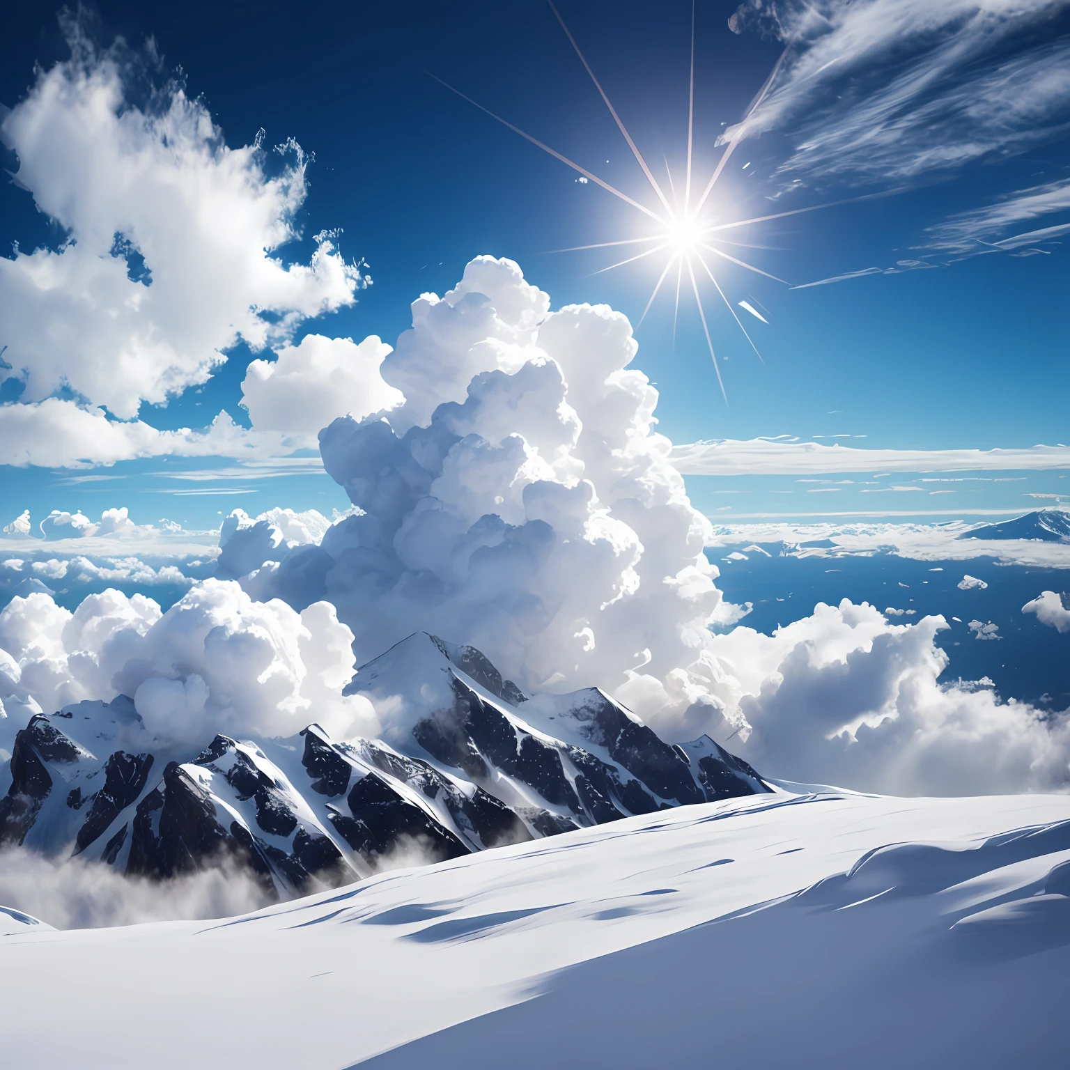 The top of the snowy mountain, the background is a mountain, huge clouds, like marshmallows, fluffy clouds, a large number of clouds, hyper-realistic, --auto --s2