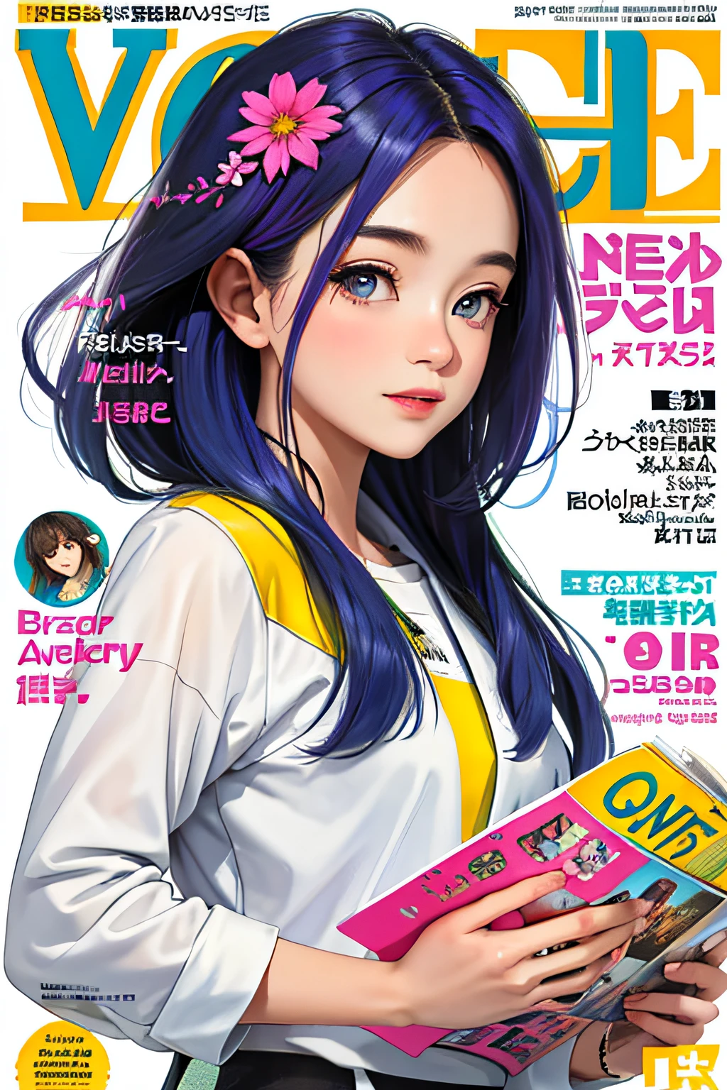 masterpiece, best quality, spring outfit, colorful hair, outdoor, magazine cover ,upper body,
