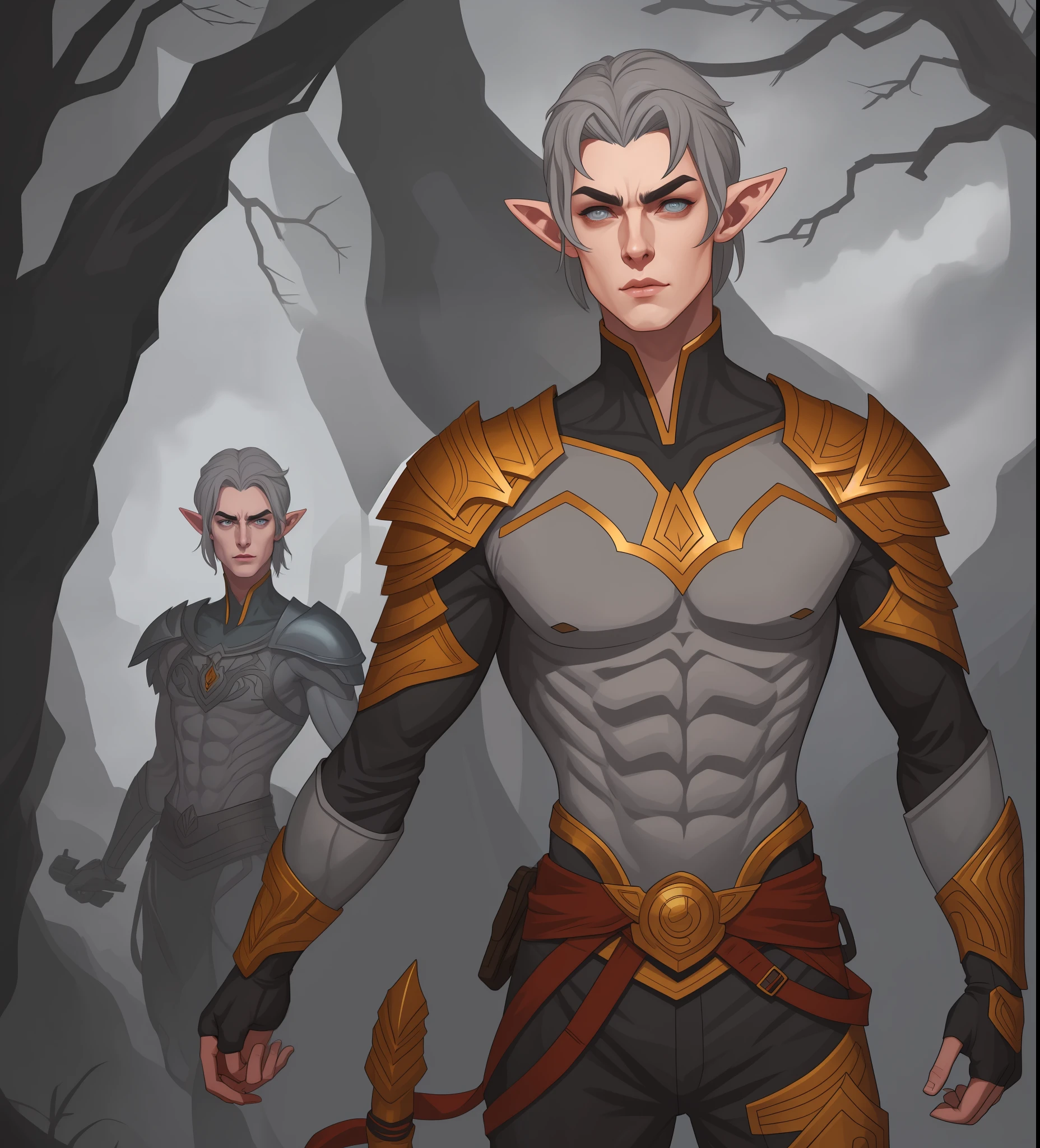 A digital painting portrait of a male elven warrior, proud demeanor, arrogant facial expression, (((gray eyebrows))), ((thin lips)), strong handsome male features, graphic novel character, concept character art, body tattoos, abs, arm_hair, cartoon, realistic features, bulge, chest_hair, happy_sex, male_focus, male_pubic_hair, precise correct anatomy, vector art, hyper detailed, 2d painting, glossy, 8k,