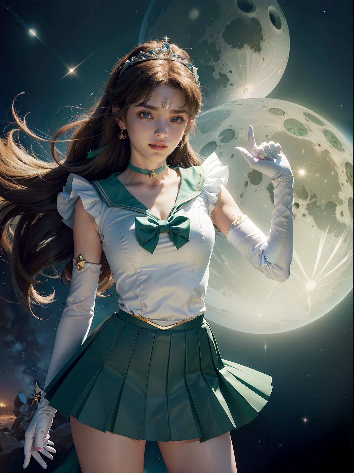 masterpiece,best quality,absurdres,perfect anatomy,sama1,tiara,Sailor Moon Jupiter,white gloves,green sailor collar,green skirt,star choker,elbow gloves,pleated skirt,bare legs,purple bow,space,moon,cowboy shot,smile,flame bow,