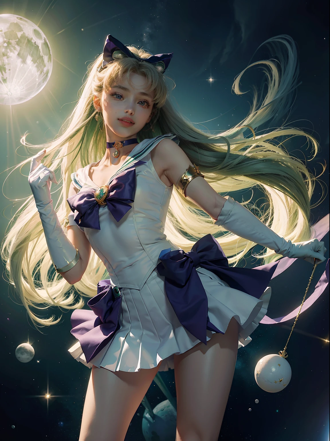 masterpiece,best quality,absurdres,perfect anatomy,sama1,tiara,Sailor Moon Jupiter,white gloves,green sailor collar,green skirt,star choker,elbow gloves,pleated skirt,bare legs,purple bow,space,moon,cowboy shot,smile,flame bow,