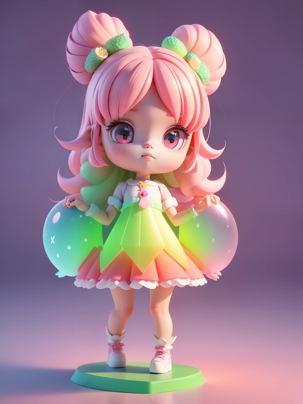 Official Art, Unified 8k Wallpaper, Ultra Detailed, Beautiful and Aesthetic, Masterpiece, Best Quality, Oversized Wallpaper, Detailed Plastic Material, (Same Character, Front, Side, Back)) Best Quality, (Very Detailed Model), (Best Quality), Octane Rendering, Ray Tracing, Very Detailed, 3D Toys, Exaggerated Giant Hair, (Full Body) (3D Hair, Cute Hair Accessories, ((Kids)), Beautiful Eyes, Cute Big Eyes, Cute Face, Pink Green Gradient, Drum Skirt, cute skirt, chib, fluorescent translucent, colorful, plastic, children, transparent, product design, luminous jelly, delicate cute plastic, aesthetic light and shadow 3d, digital art, translucent plastic bubblegum, close-up, 3d, super detailed, generate front view, side view, rear view three views, borderless, c4d, octane rendering, blender, hd, full body, simple background!