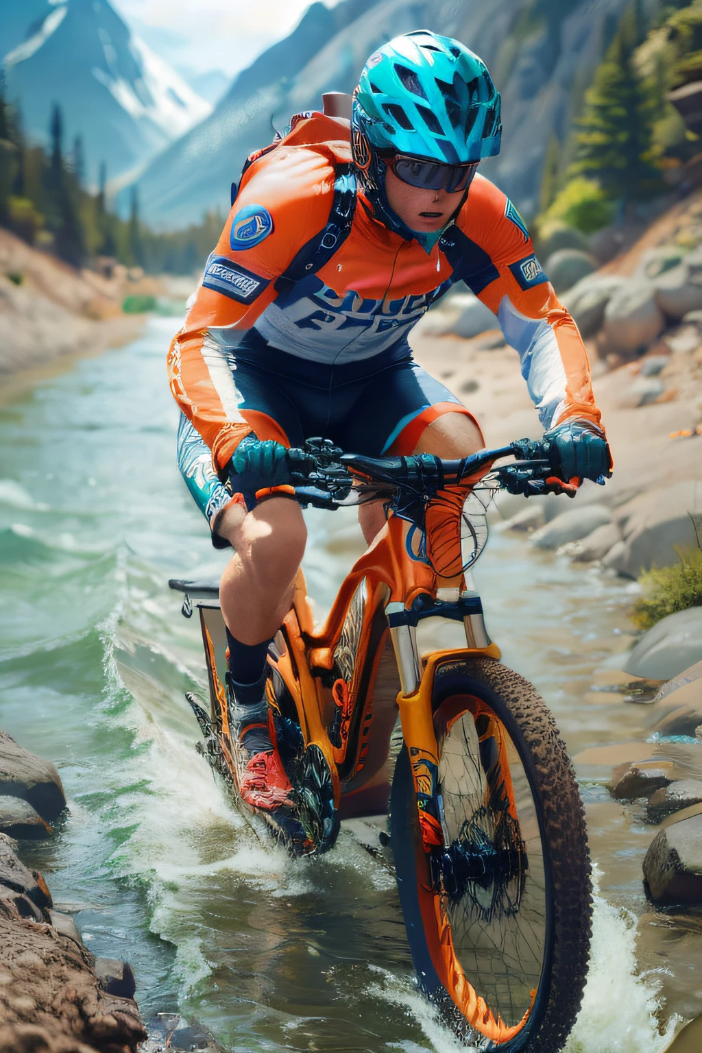 (high-quality, detailed image of) a bald starfish (wearing a helmet) (riding a mountain bike) (against a vibrant, river backdrop),like logo