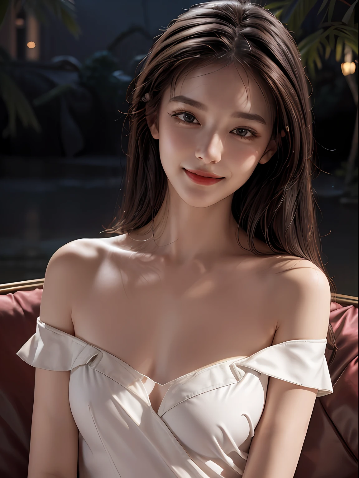 ((Night Scene, Realistic Light, Best Quality, 8k, Masterpiece: 1.3)), 1girl, Pretty woman with a slim figure: 1.4,big smile， (Black hair, medium breasts: 1.3), off-the-shoulder cut top: 1.3, sofa, super detailed face, detailed eyes, double eyelids