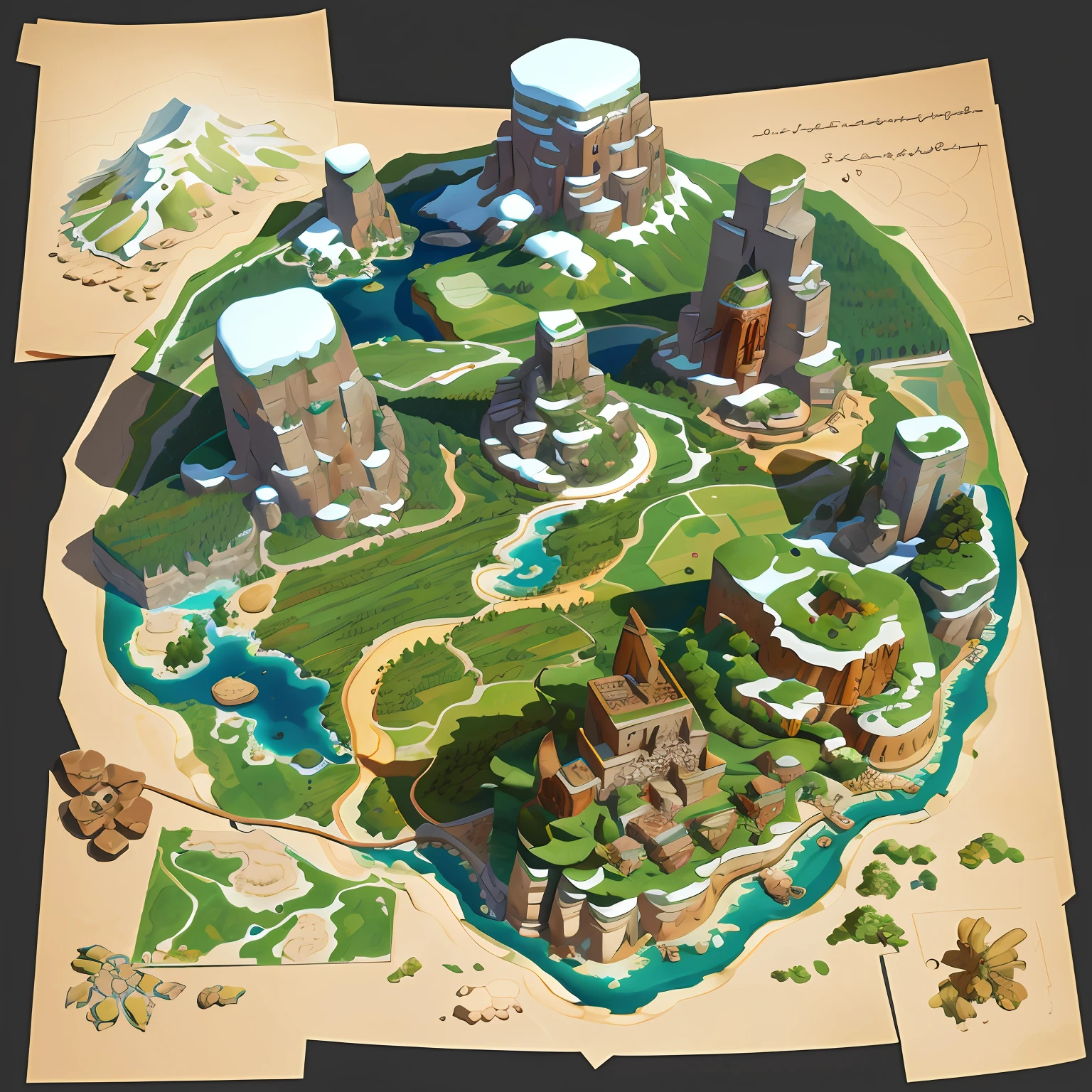 A very large map, seen from above, desktop format, for RPG, with volcanoes, deserts, mountains with snow and forests, very detailed, 4k, game architectural design, cartoon, town, stone, brick, meadow, river, flowers, casual play style, 3d, blender, masterpiece, super detail, best quality