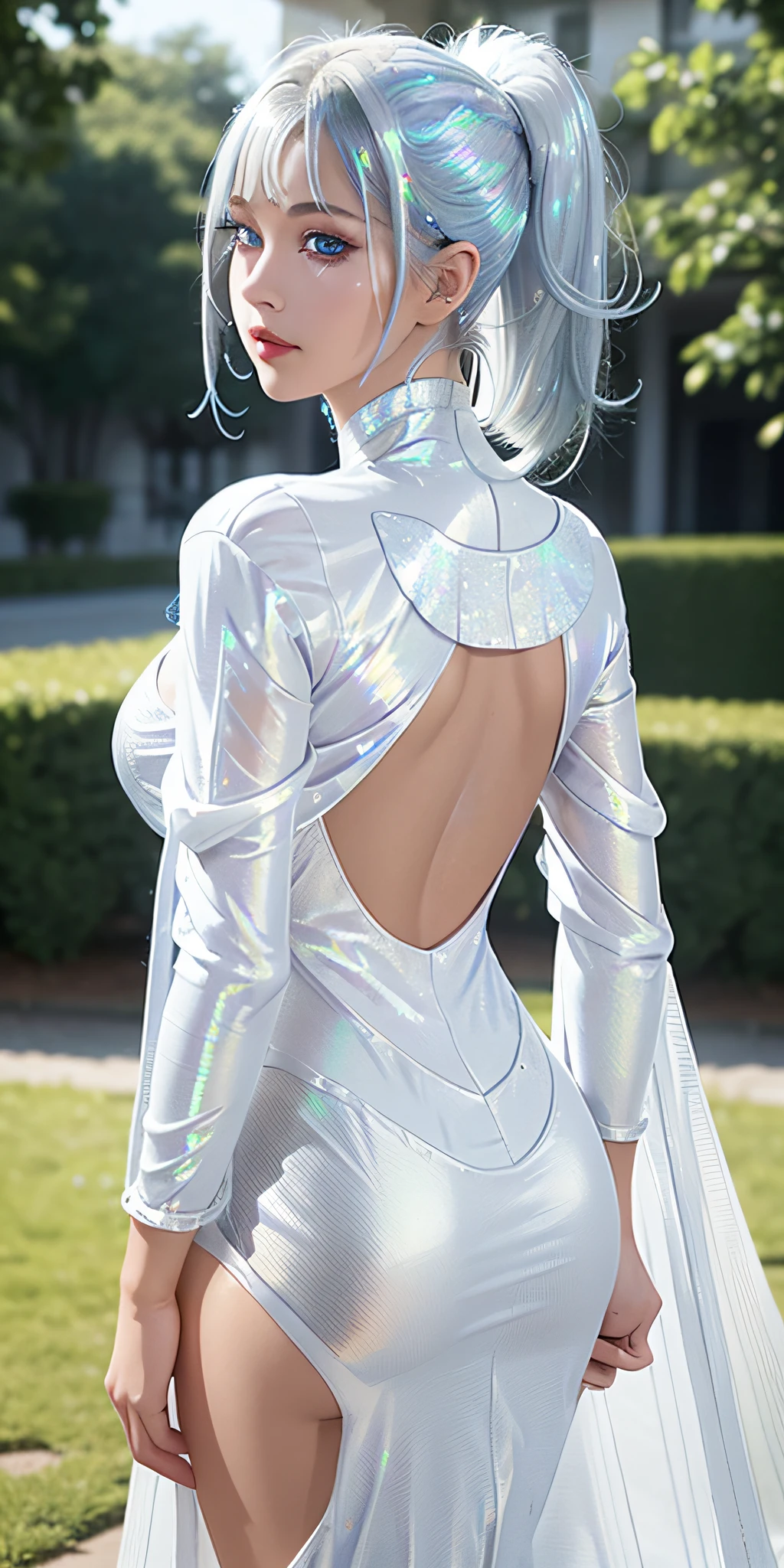 full body, back photo of lady in a loose white(iridescent foil:1.55)lace dress, solo, beautiful detailed eyes, beautiful face, , (platinum blue hair, high ponytail:1.17), ((puffy eyes)), makeup, looking at away, walking, (outdoors, park), smooth, detailed hairstyle