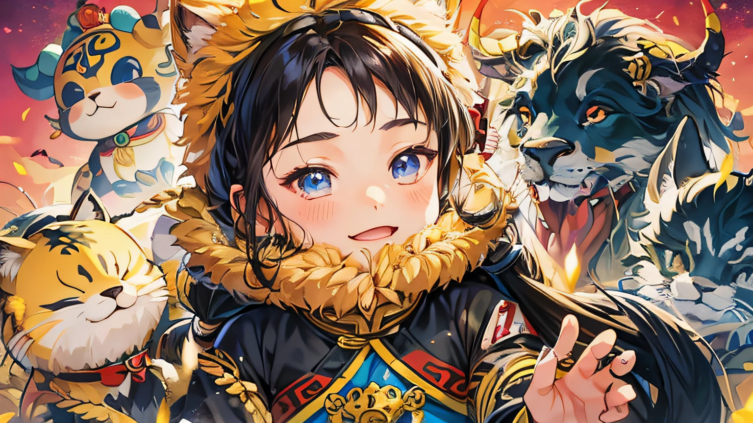 2d anime style, anime, very mild anime style, Tibetan little girl, wheat complexion, Q version animal --auto --s2