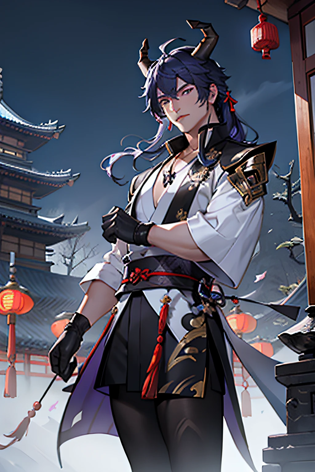 ganyu\(genshin impact\), 1boy, ahoge, architecture, bangs, black gloves, black tights, ((blue hair), breasts, chinese knot, East Asian architecture, flower knot, gloves, horns, long hair, looking at the audience, neckbell, night, outdoors, pantyhose, purple eyes, sideburns, solo, tassels, white sleeves, ((masterpiece))