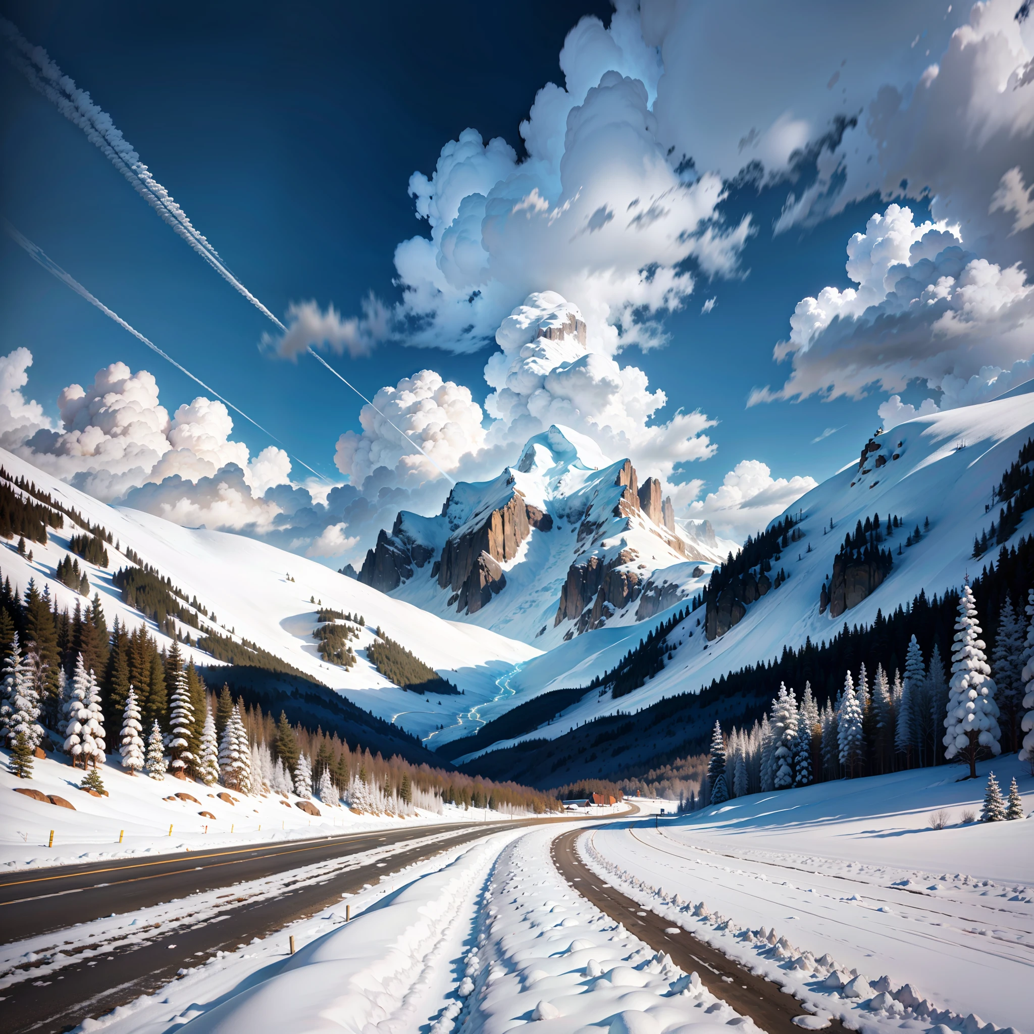 Standing on the road and looking at the top of the snowy mountain opposite, the background is a mountain, huge clouds, like marshmallows, fluffy clouds, a large number of clouds, hyper-realistic, --auto --s2